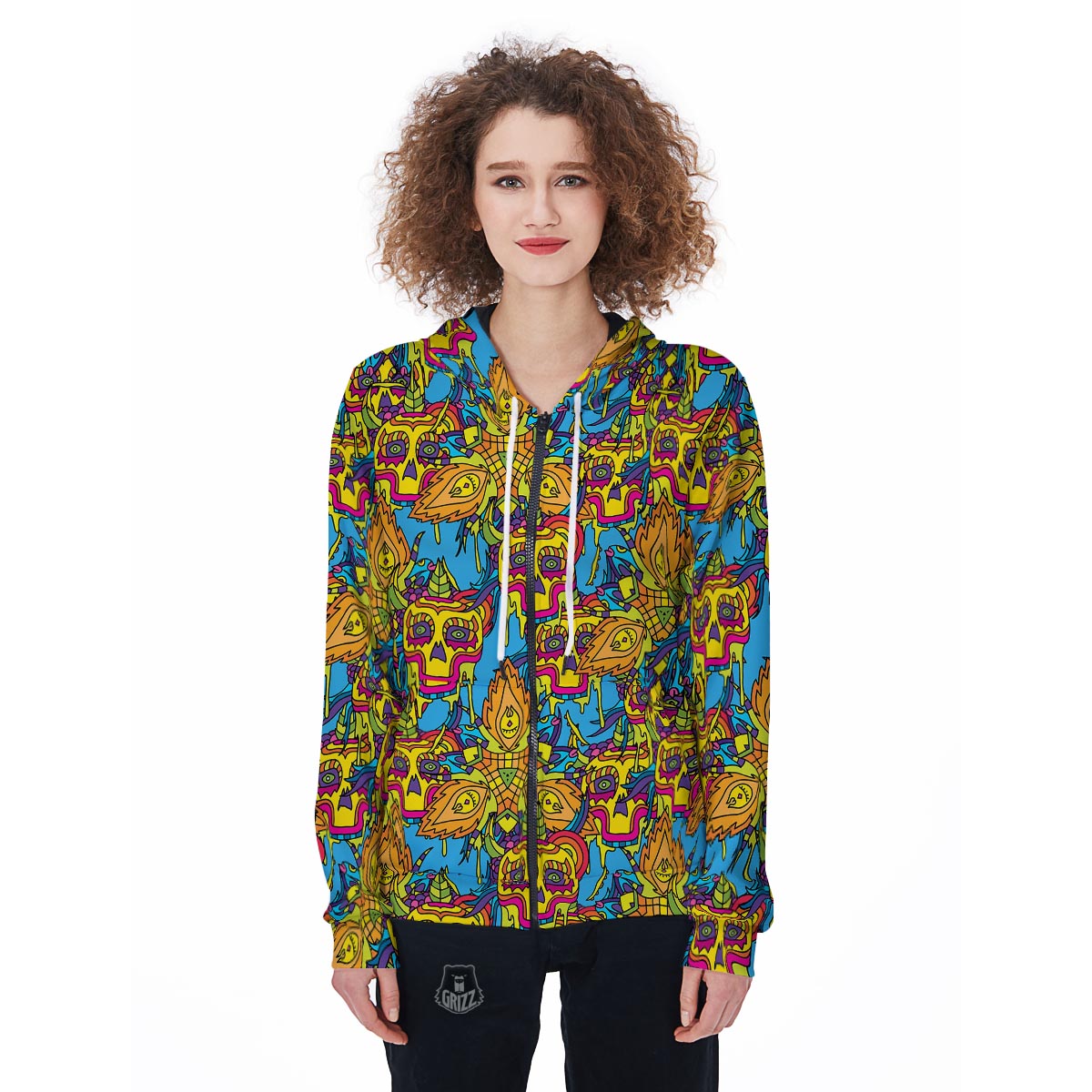 Skull Trippy Psychedelic Women's Zip Up Hoodie-grizzshop