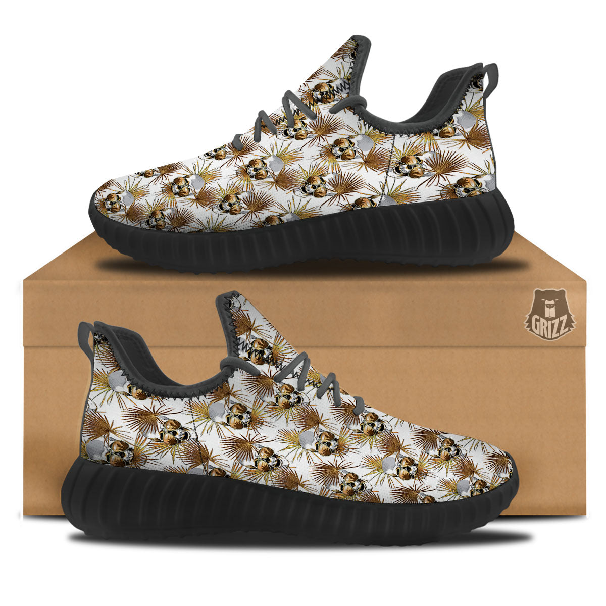 Skull Tropical Gold Print Pattern Black Walking Shoes-grizzshop