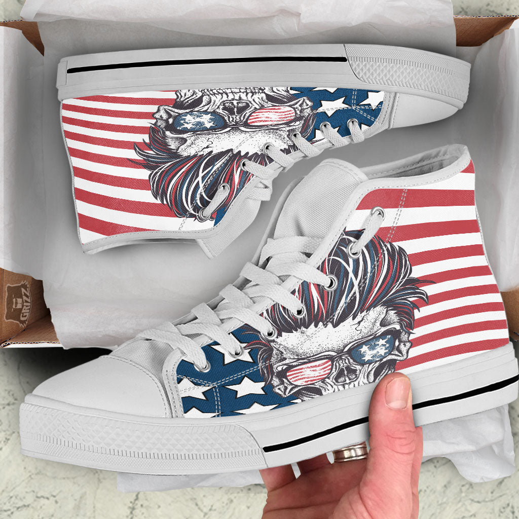 Skull With Sunglasses American Print White High Top Shoes-grizzshop