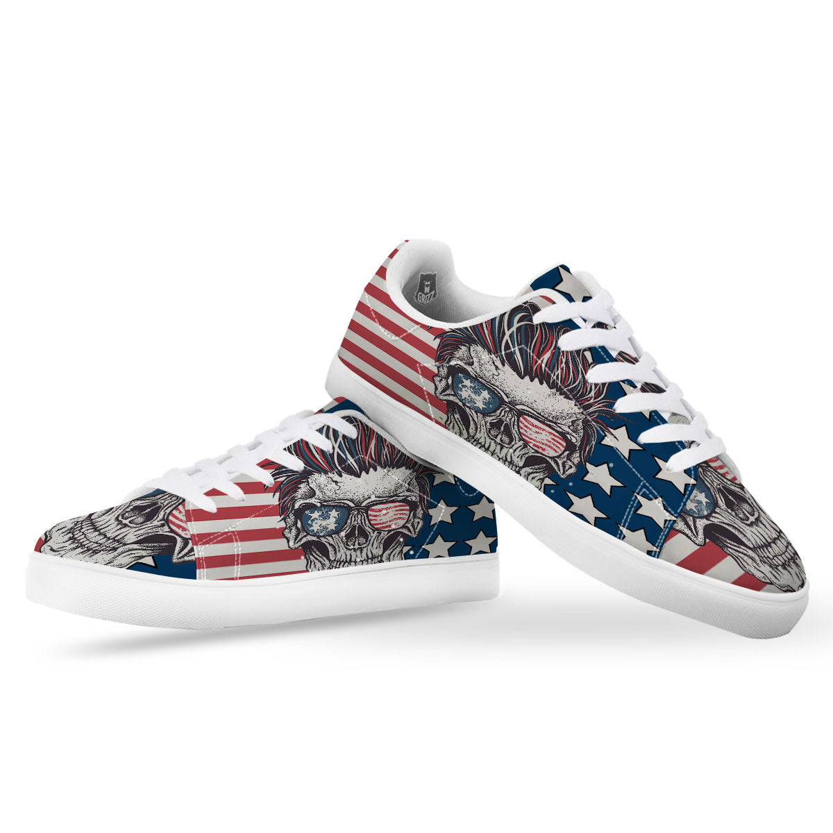 Skull With Sunglasses American Print White Low Top Sneakers-grizzshop