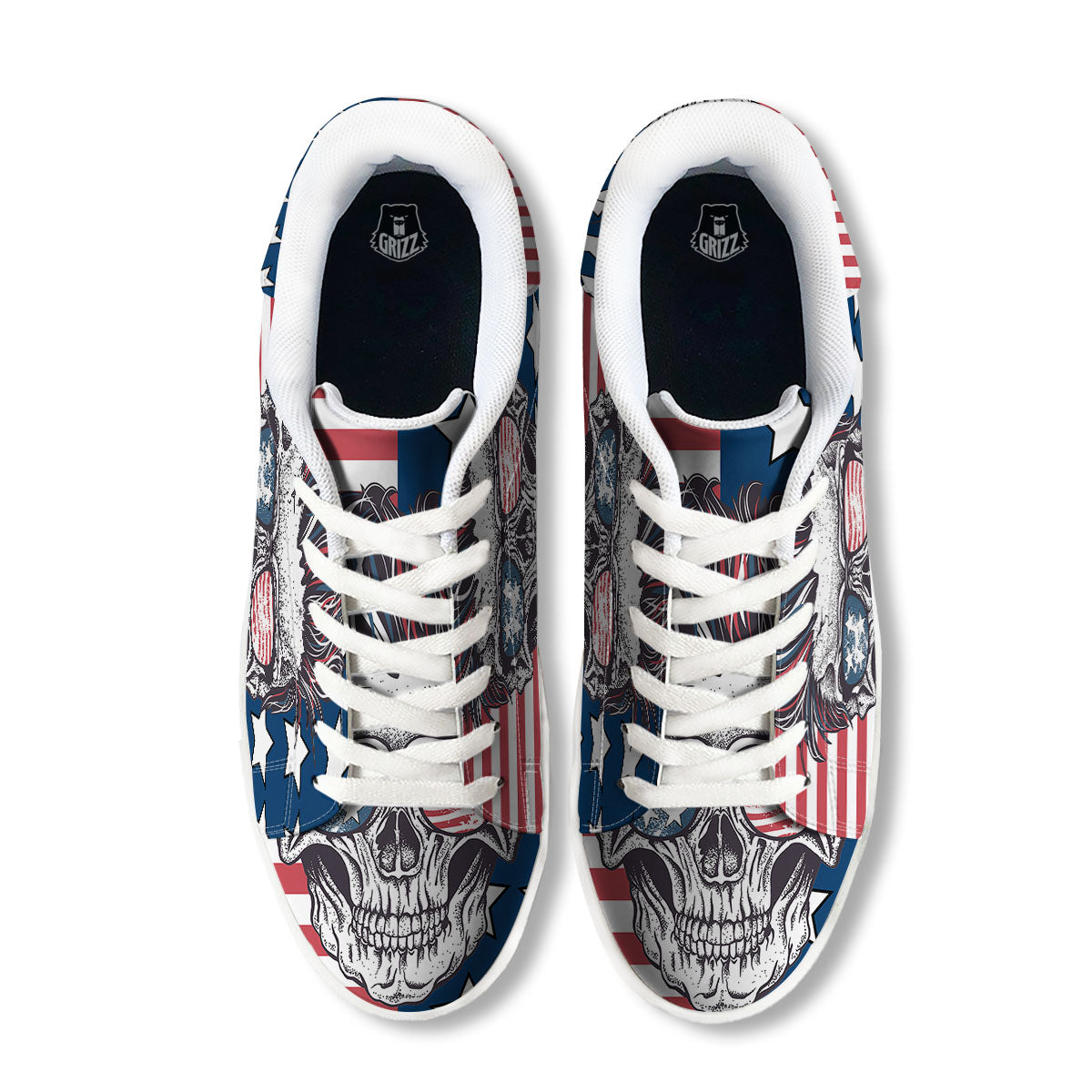 Skull With Sunglasses American Print White Low Top Sneakers-grizzshop