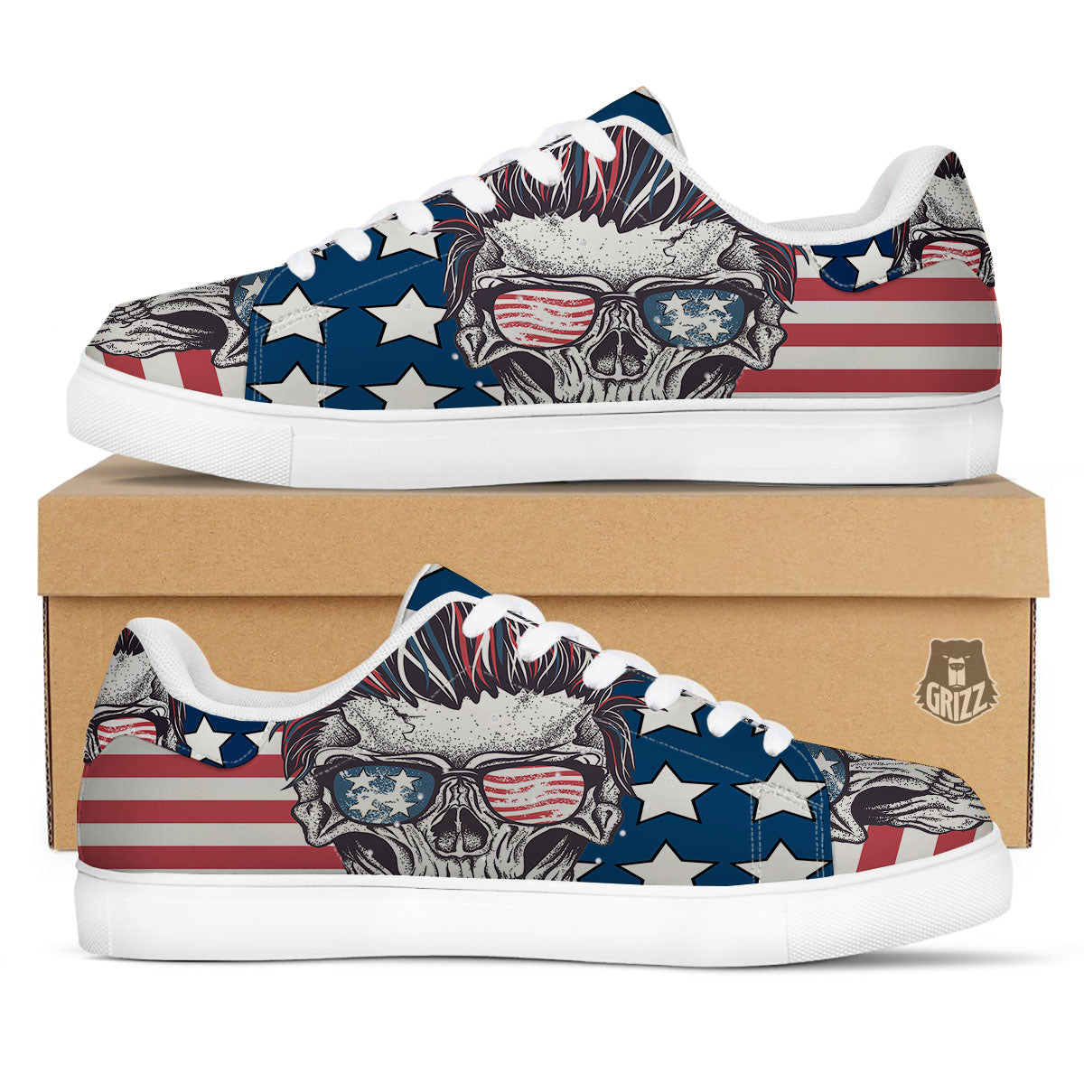 Skull With Sunglasses American Print White Low Top Sneakers-grizzshop