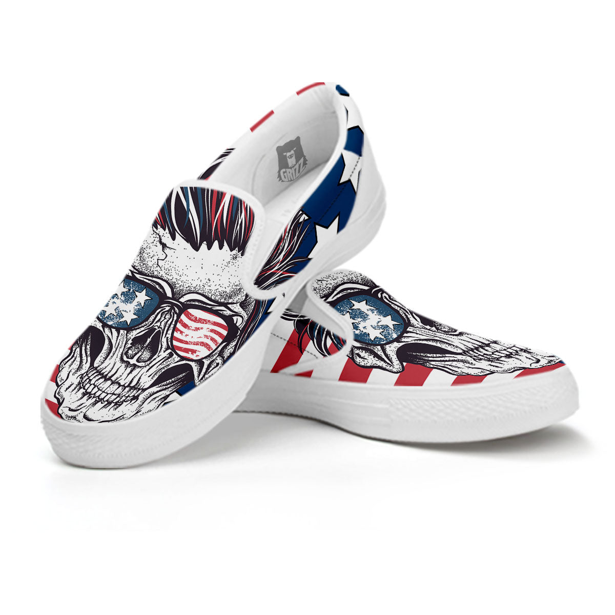 Skull With Sunglasses American Print White Slip On Shoes-grizzshop