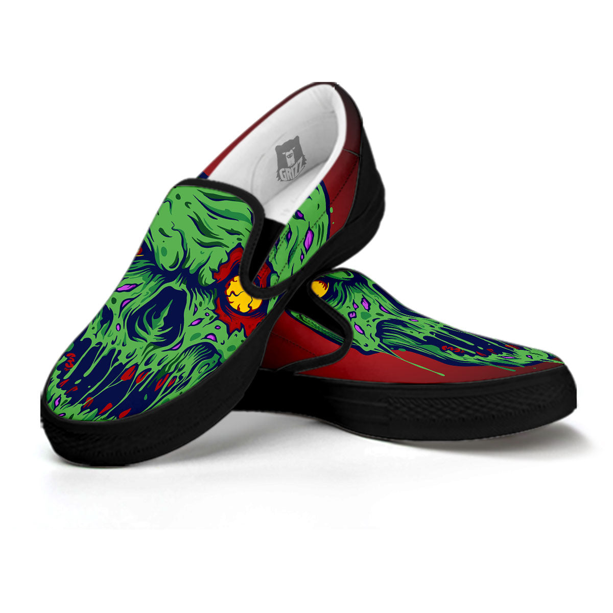 Skull Zombie Scary Horror Print Black Slip On Shoes-grizzshop