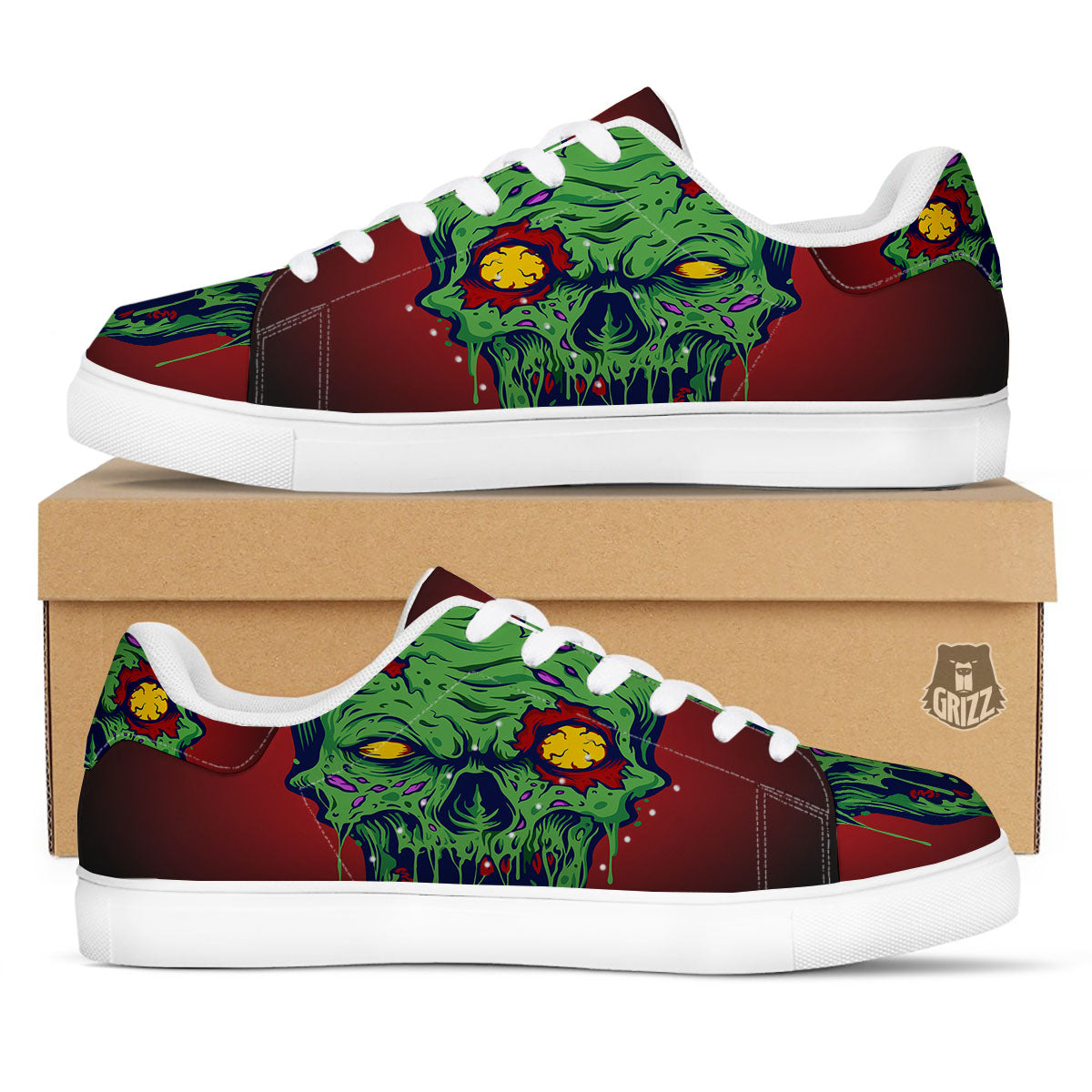 Skull Zombie Scary Horror Print White Low Top Sneakers-grizzshop