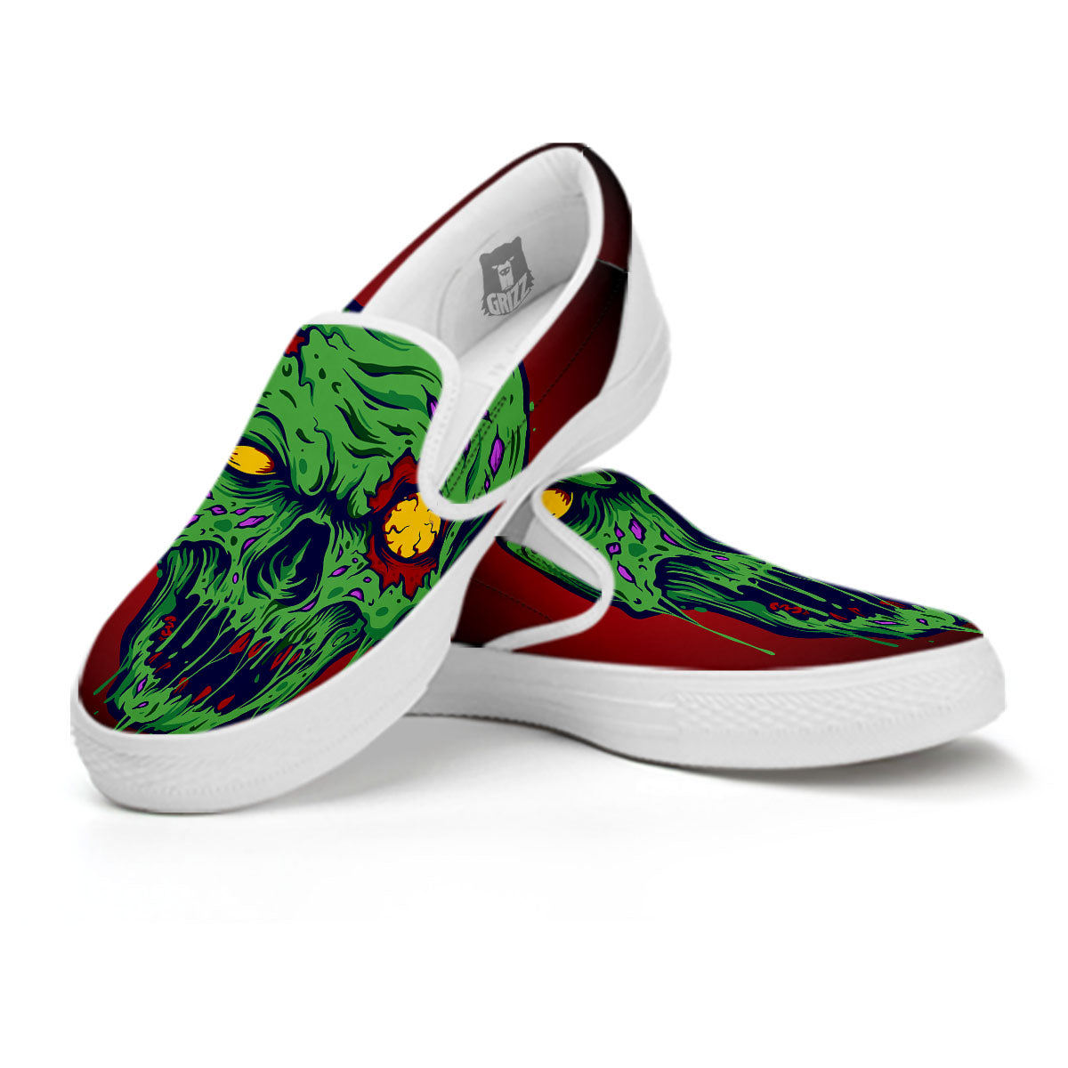 Skull Zombie Scary Horror Print White Slip On Shoes-grizzshop