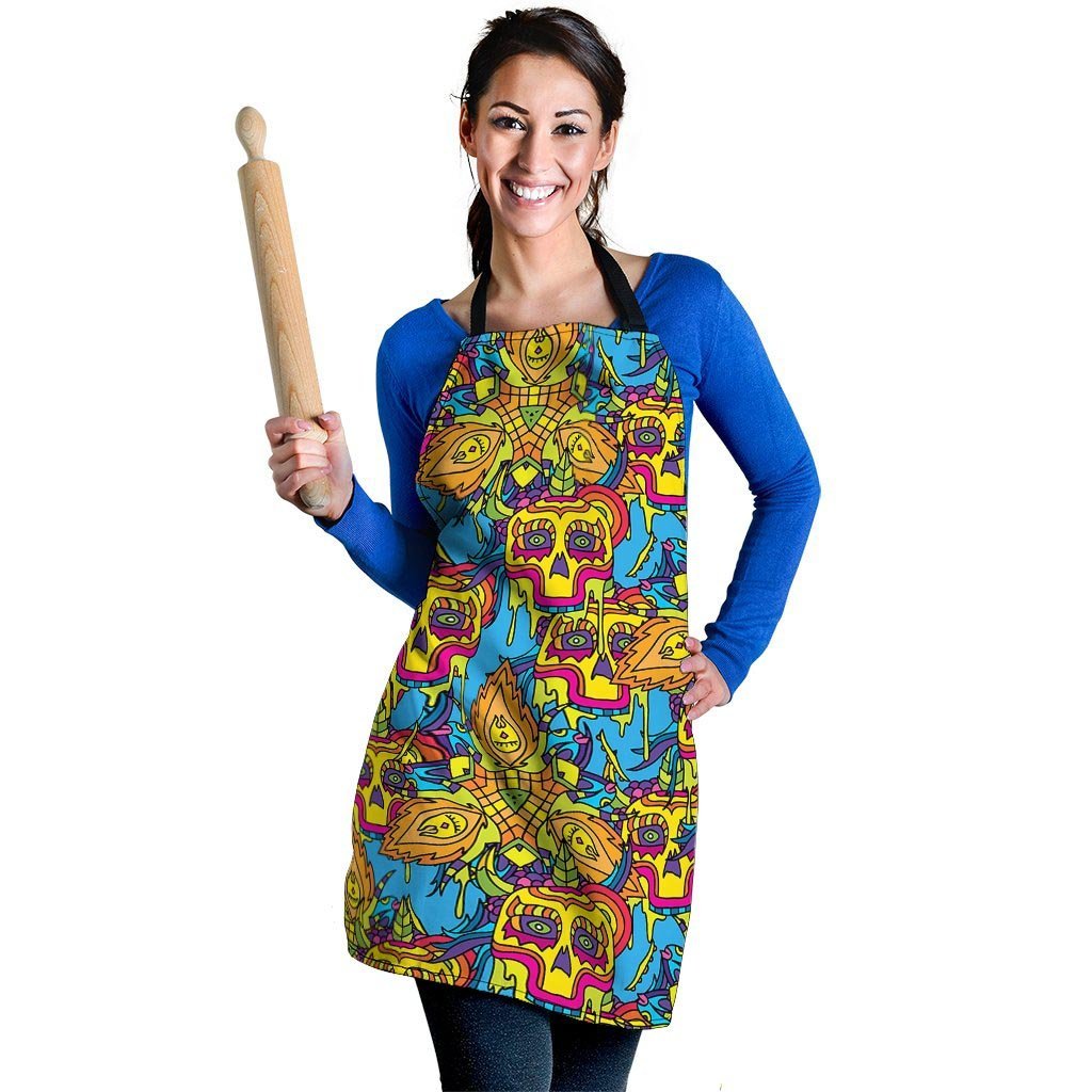 Skull Trippy Psychedelic Women's Apron-grizzshop
