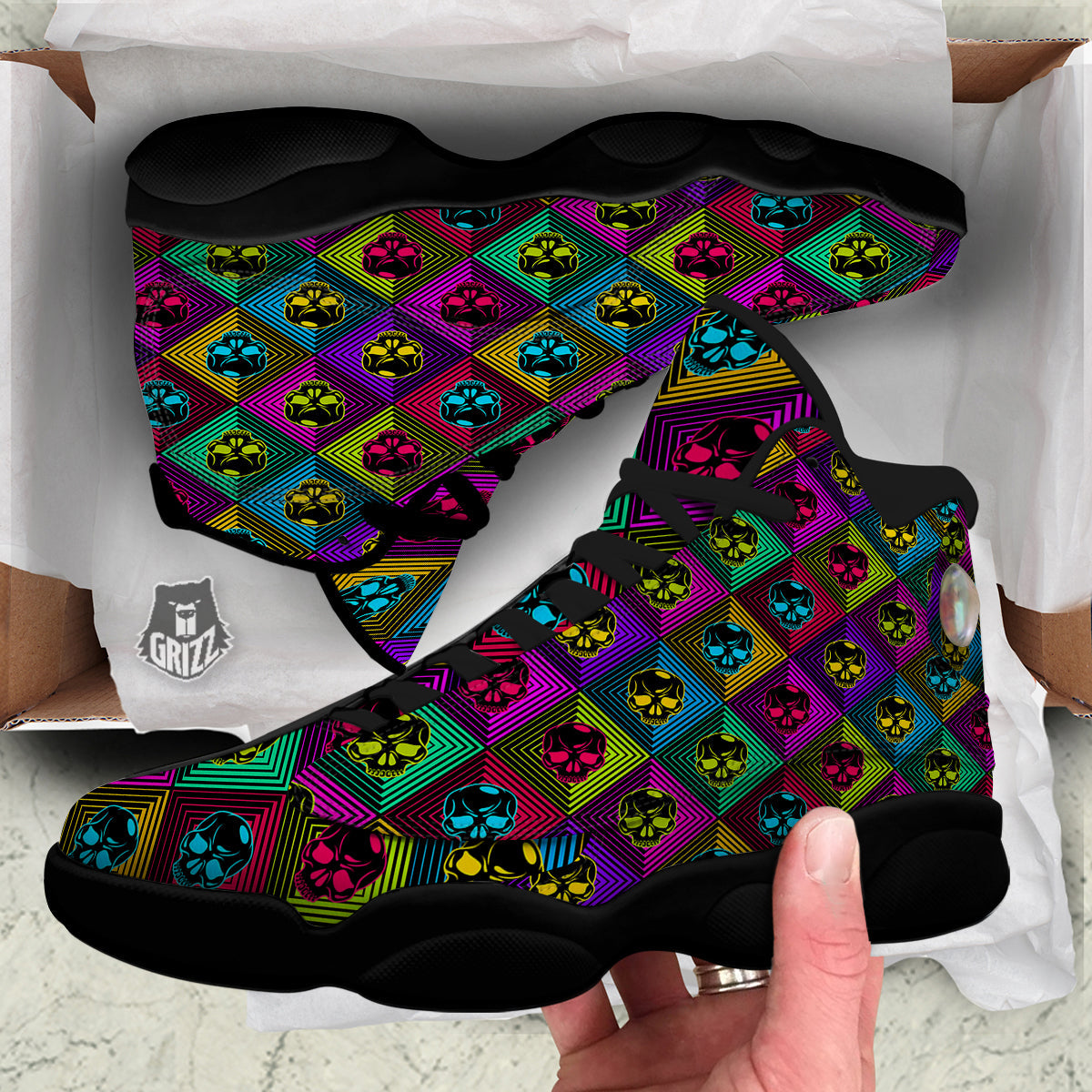 Skulls Hard Rock Colorful Print Pattern Black Basketball Shoes-grizzshop