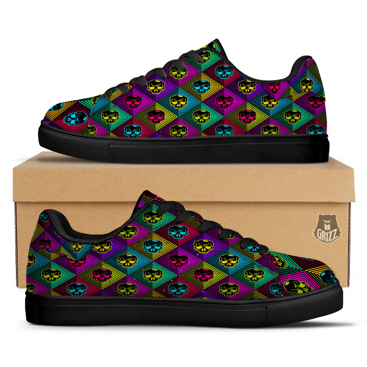 Skulls Hard Rock Colorful Print Pattern Black Low Top Sneakers-grizzshop