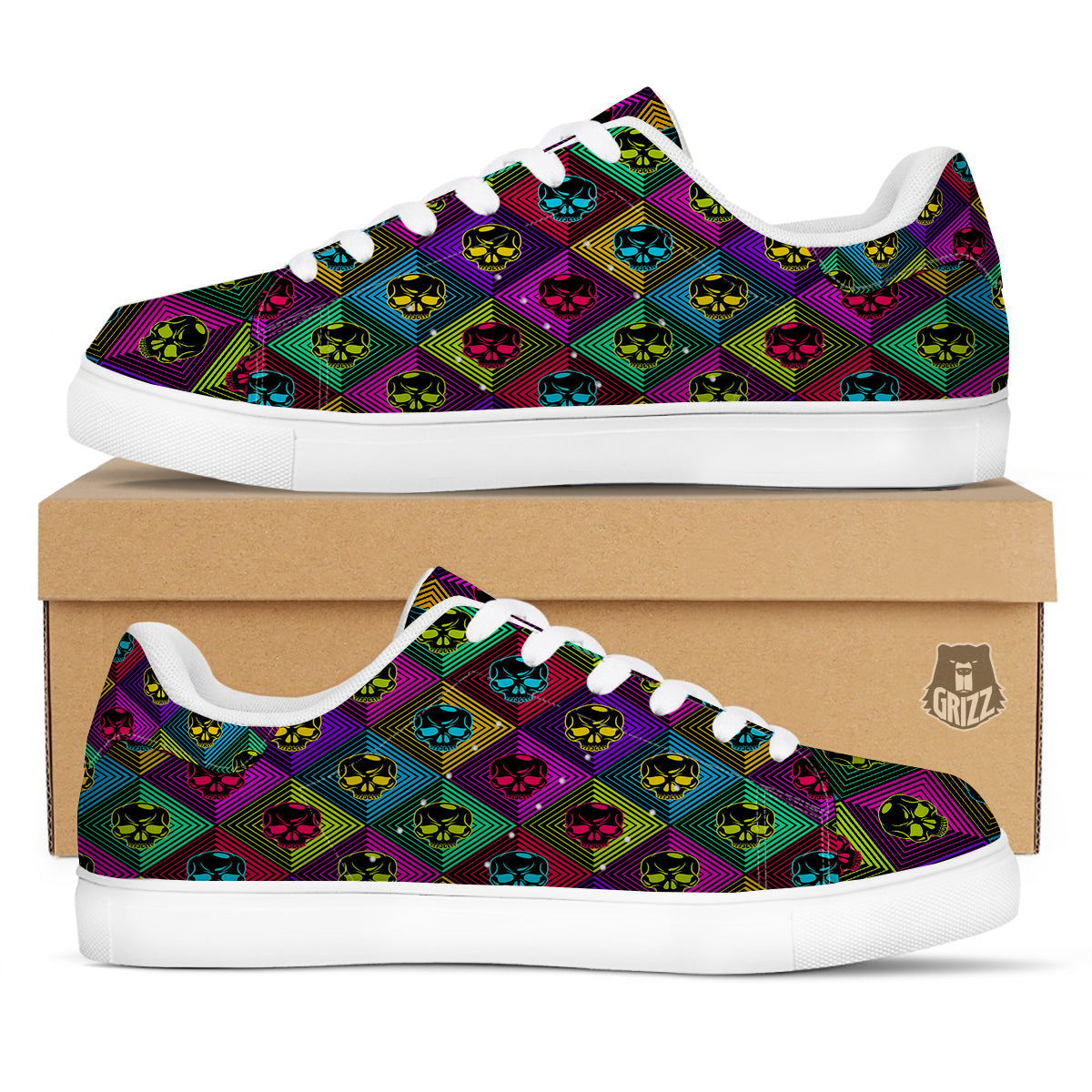 Skulls Hard Rock Colorful Print Pattern White Low Top Sneakers-grizzshop