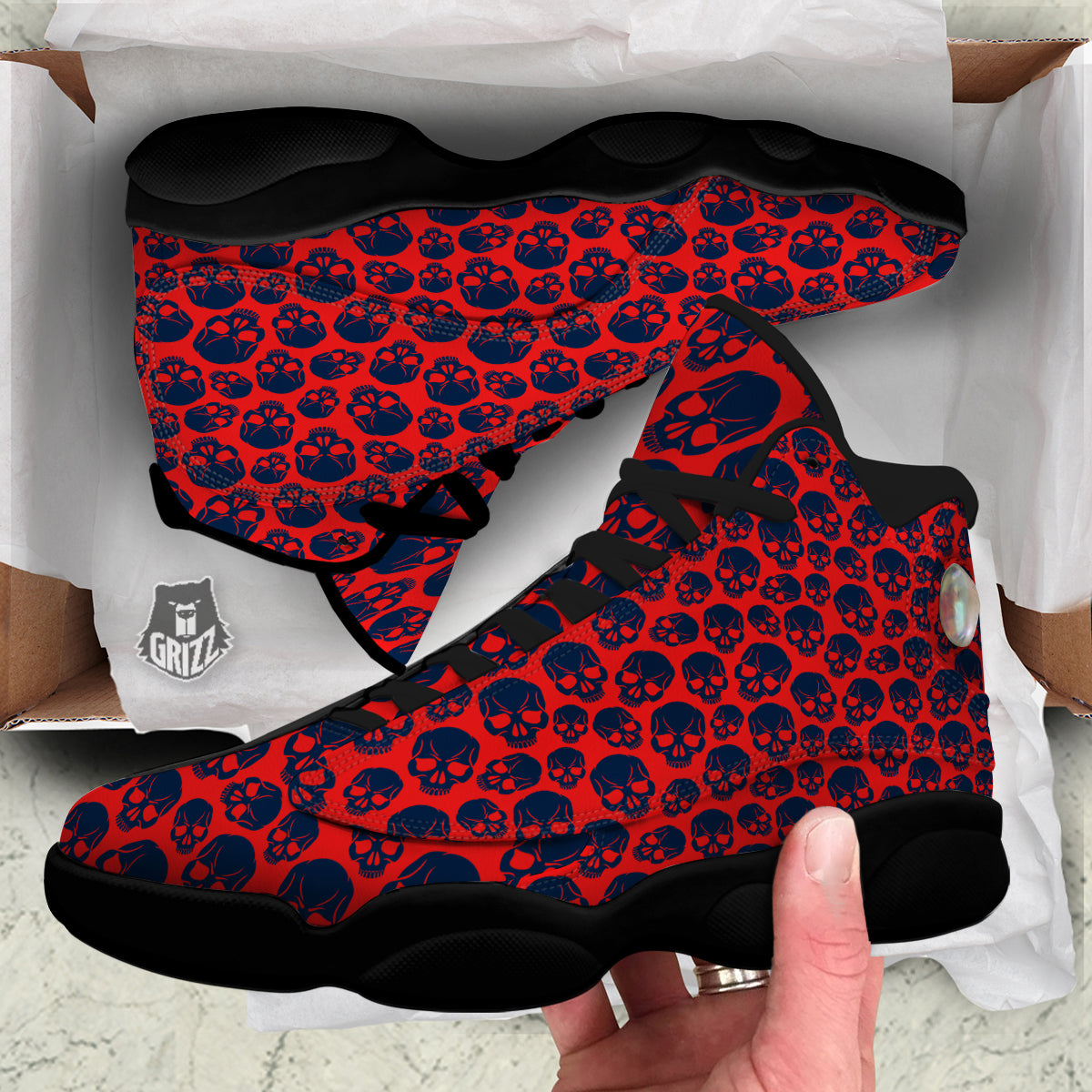 Skulls Red And Blue Hard Rock Print Pattern Black Basketball Shoes-grizzshop