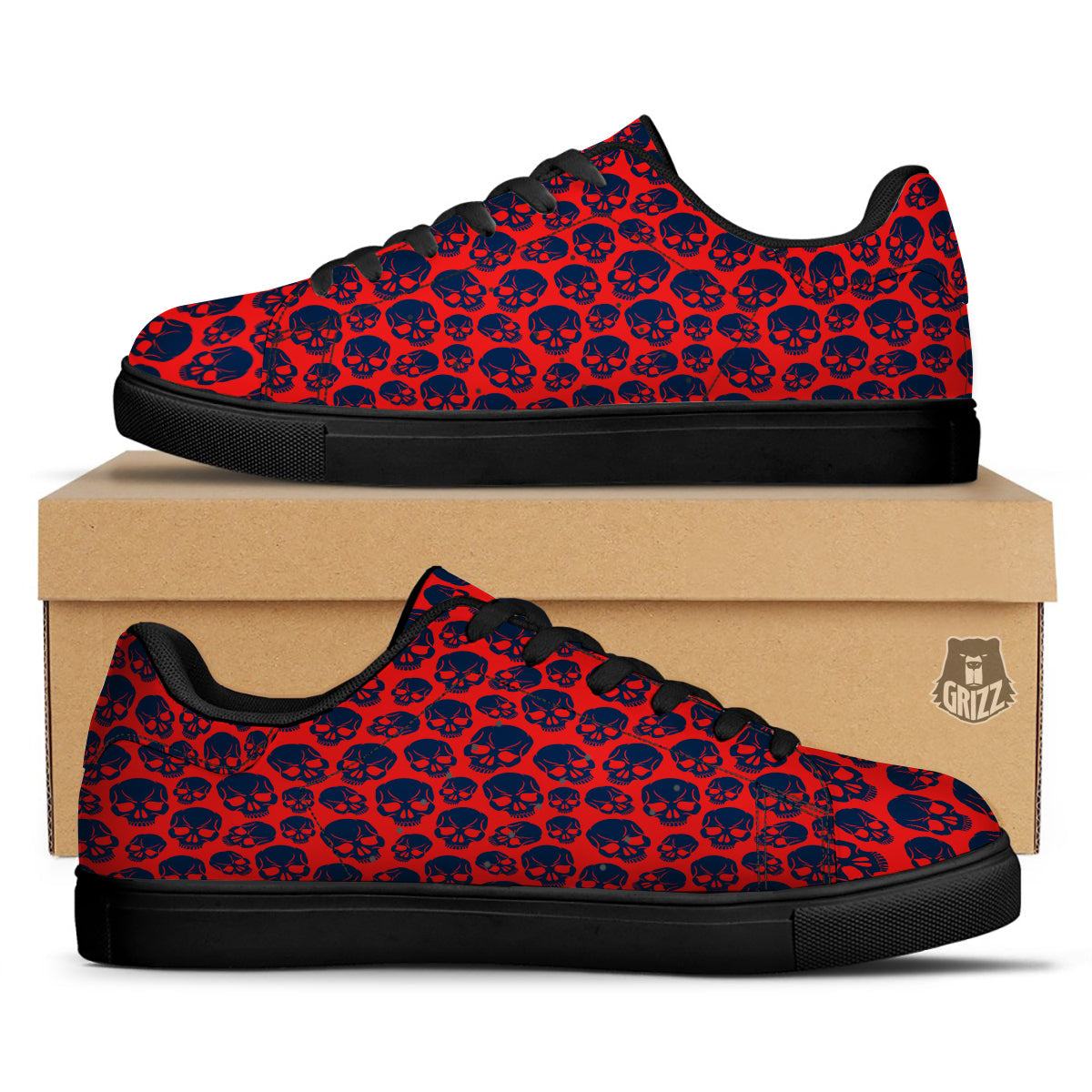 Skulls Red And Blue Hard Rock Print Pattern Black Low Top Sneakers-grizzshop