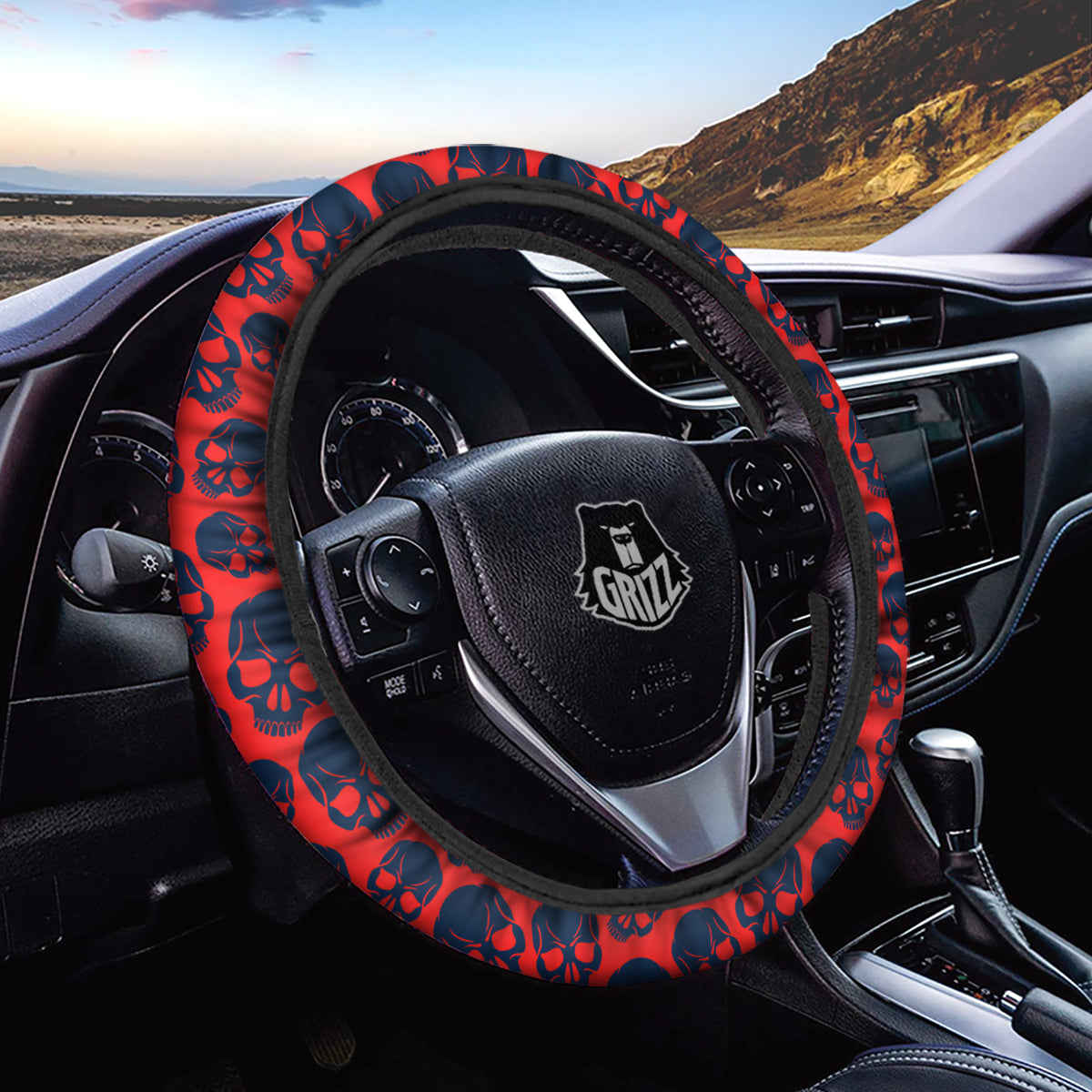 Skulls Red And Blue Hard Rock Print Pattern Car Steering Wheel Cover-grizzshop
