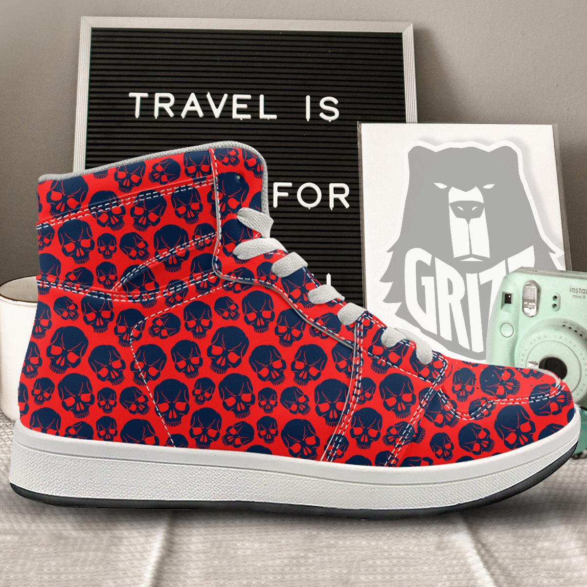 Skulls Red And Blue Hard Rock Print Pattern High Top Sneakers-grizzshop