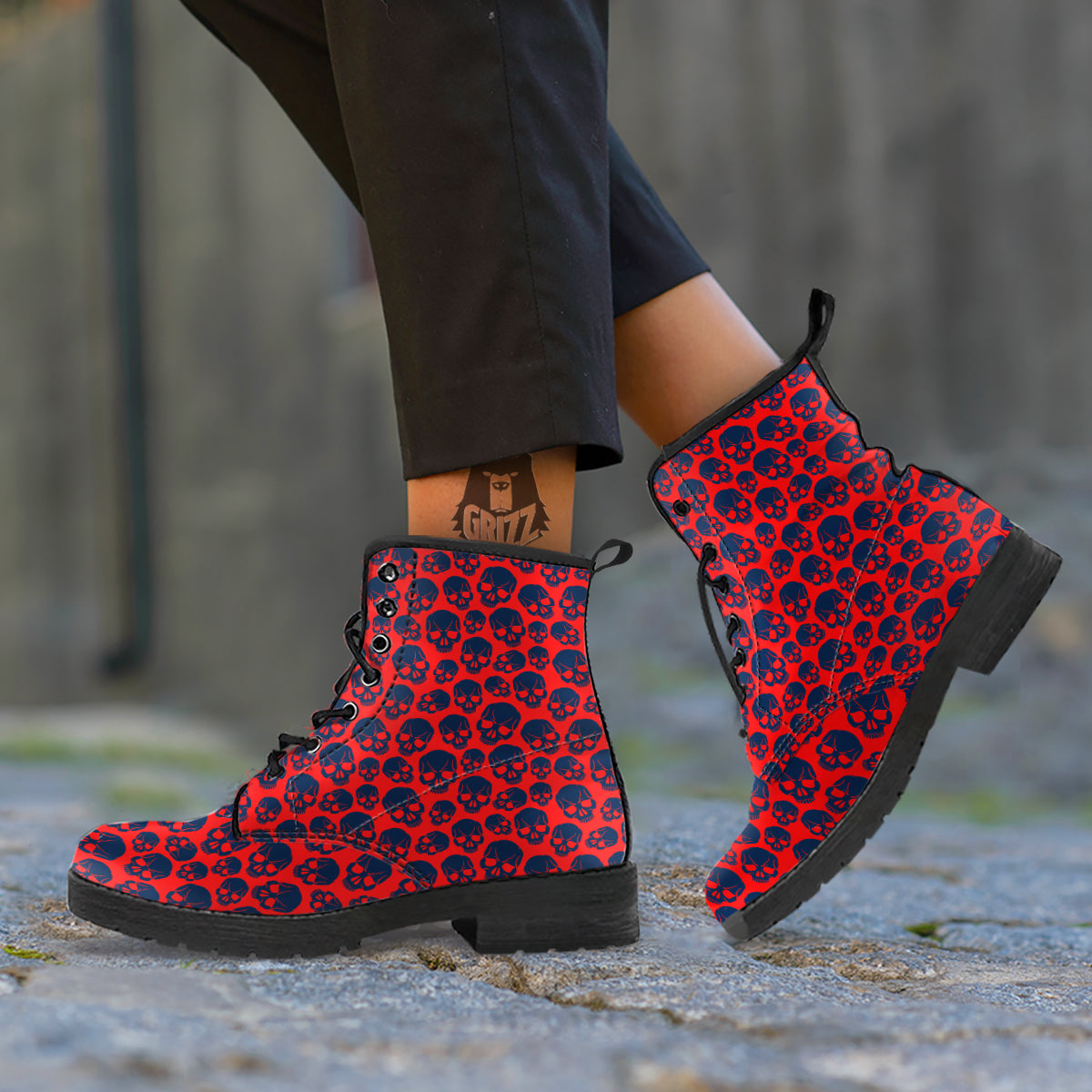 Skulls Red And Blue Hard Rock Print Pattern Leather Boots-grizzshop