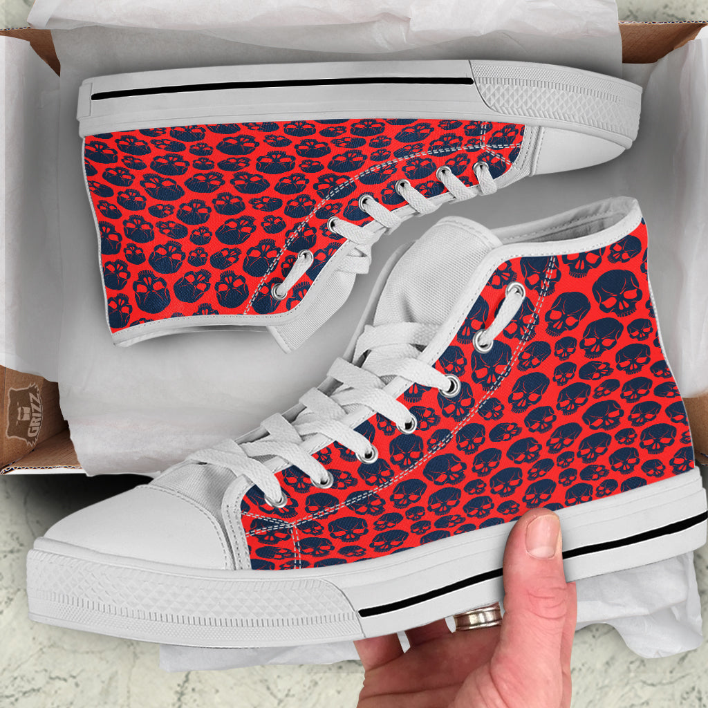 Skulls Red And Blue Hard Rock Print Pattern White High Top Shoes-grizzshop