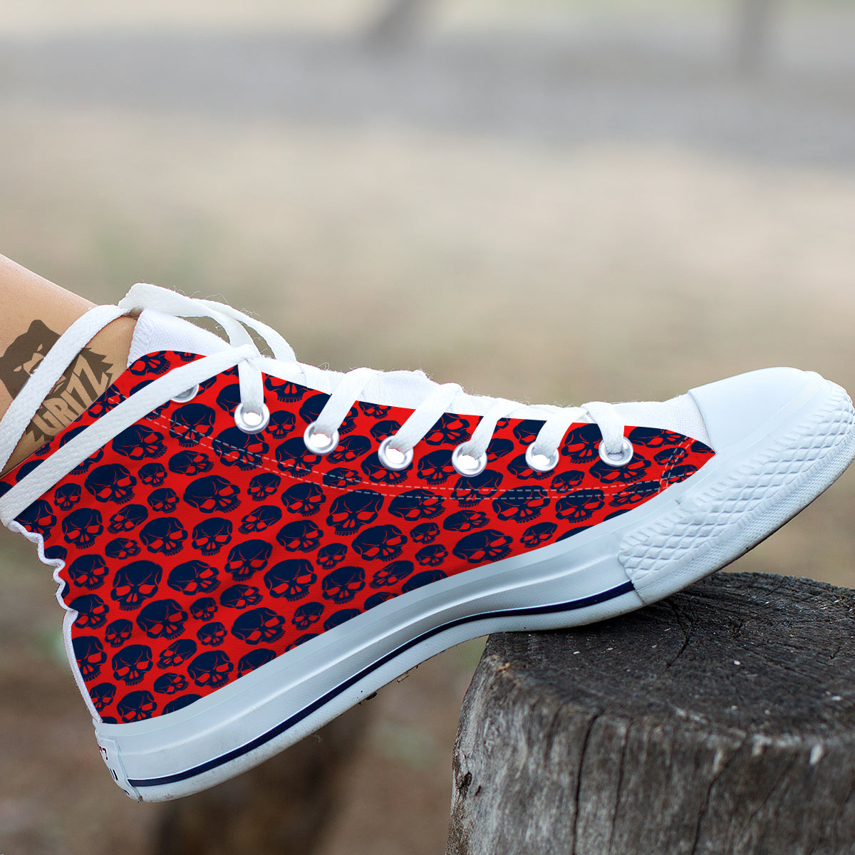 Skulls Red And Blue Hard Rock Print Pattern White High Top Shoes-grizzshop