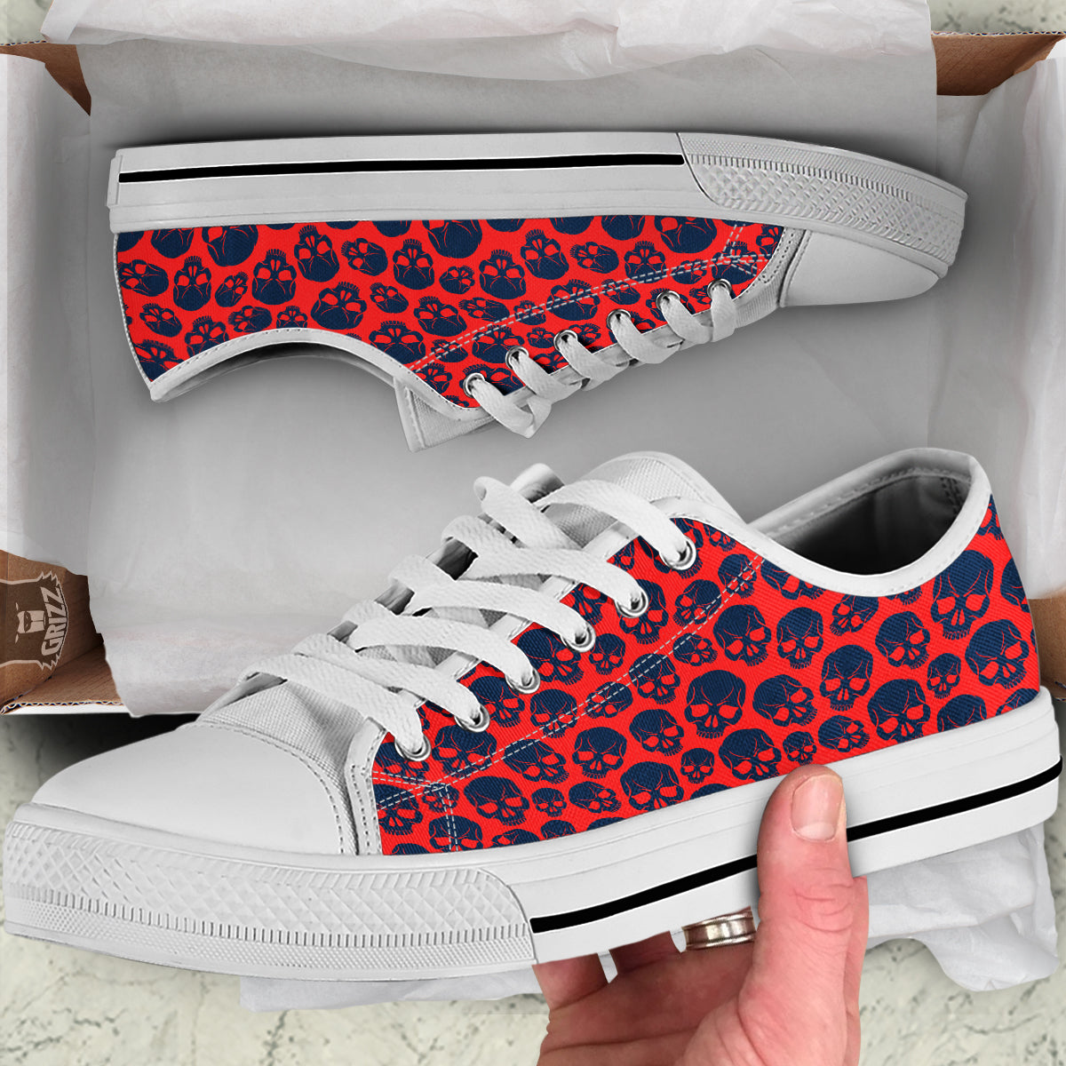 Skulls Red And Blue Hard Rock Print Pattern White Low Top Shoes-grizzshop