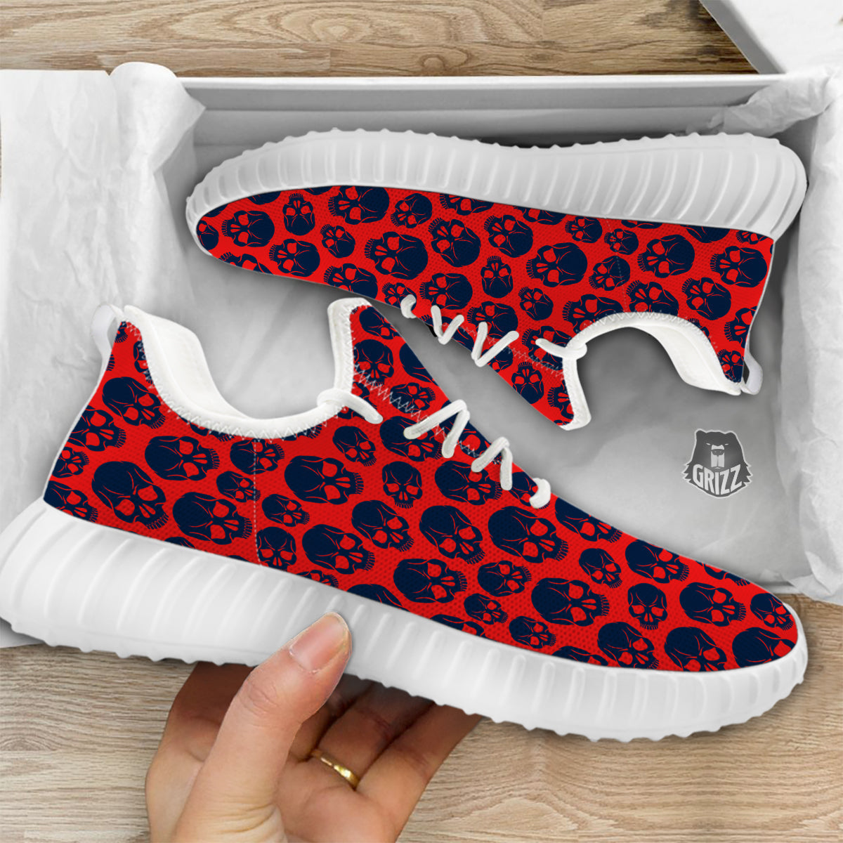 Skulls Red And Blue Hard Rock Print Pattern White Walking Shoes-grizzshop