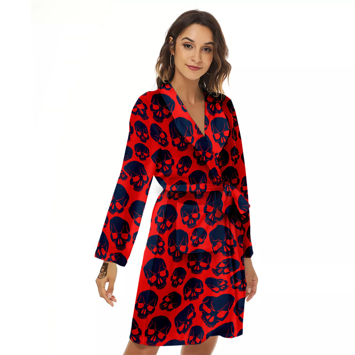 Skulls Red And Blue Hard Rock Print Pattern Women's Robe-grizzshop