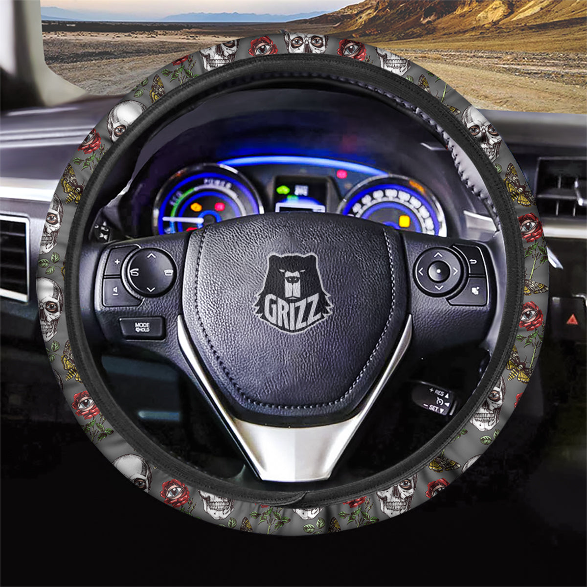 Skulls Roses Death Eyes Print Pattern Car Steering Wheel Cover-grizzshop