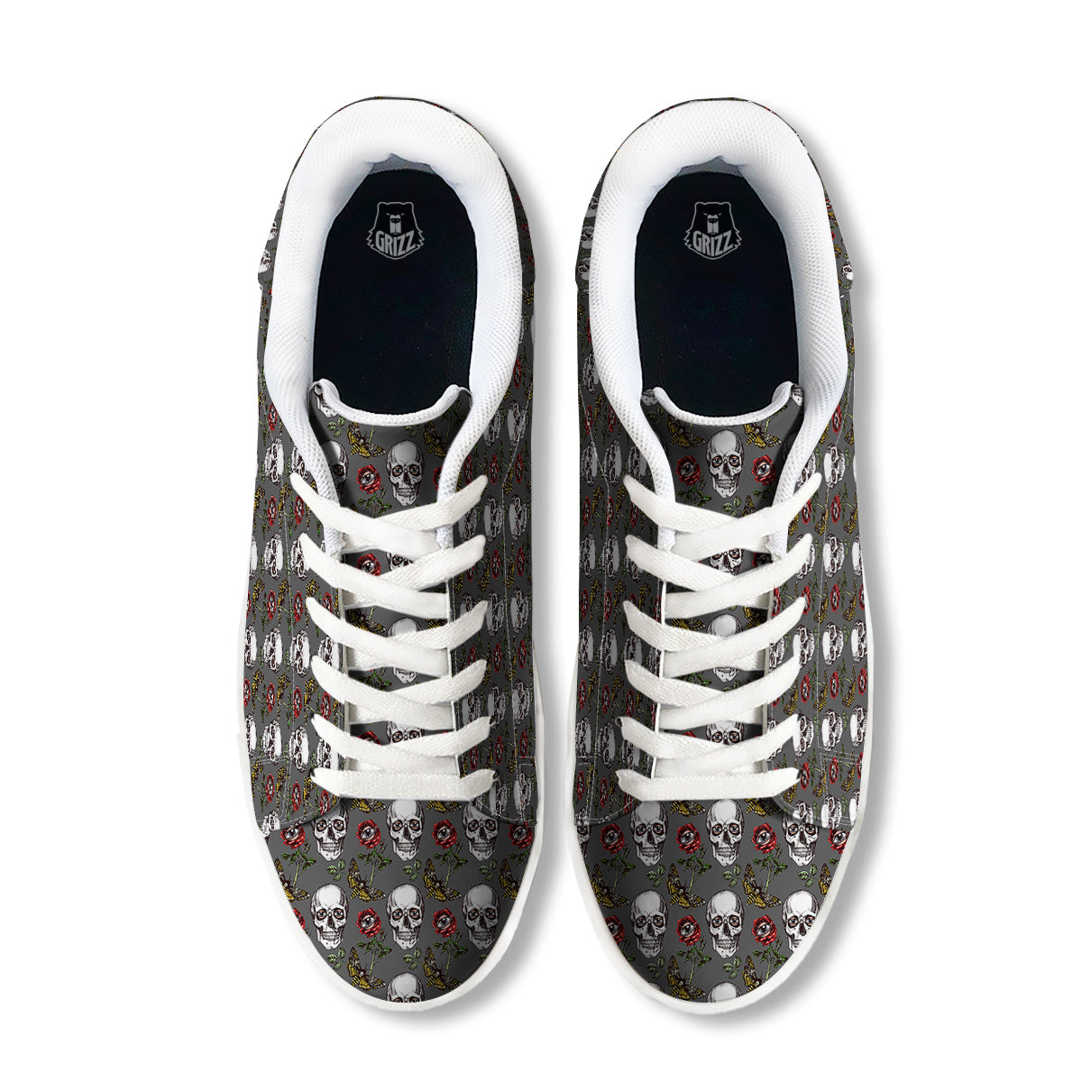 Skulls Roses Death Eyes Print Pattern White Low Top Sneakers-grizzshop