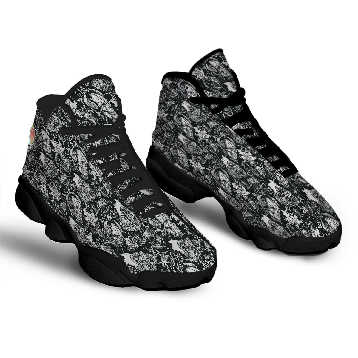 Skulls in Viking Helmets Print Pattern Black Basketball Shoes-grizzshop