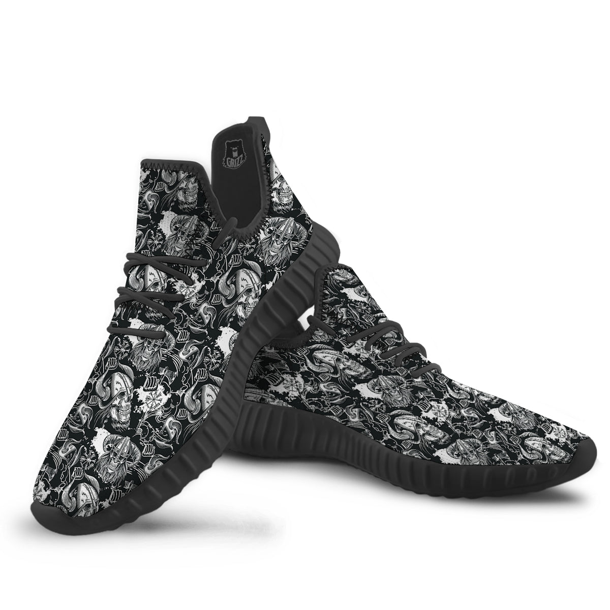 Skulls in Viking Helmets Print Pattern Black Walking Shoes-grizzshop