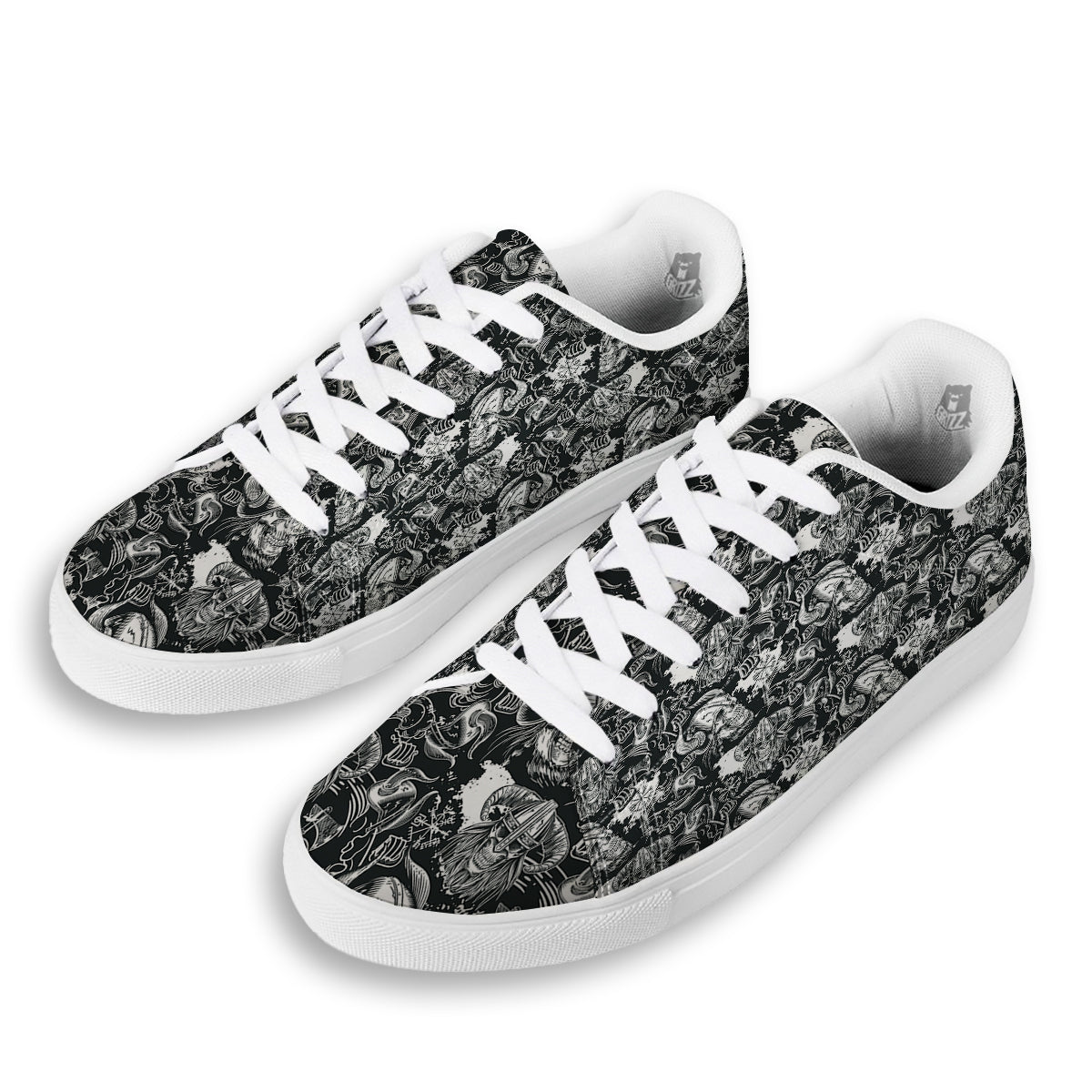 Skulls in Viking Helmets Print Pattern White Low Top Sneakers-grizzshop