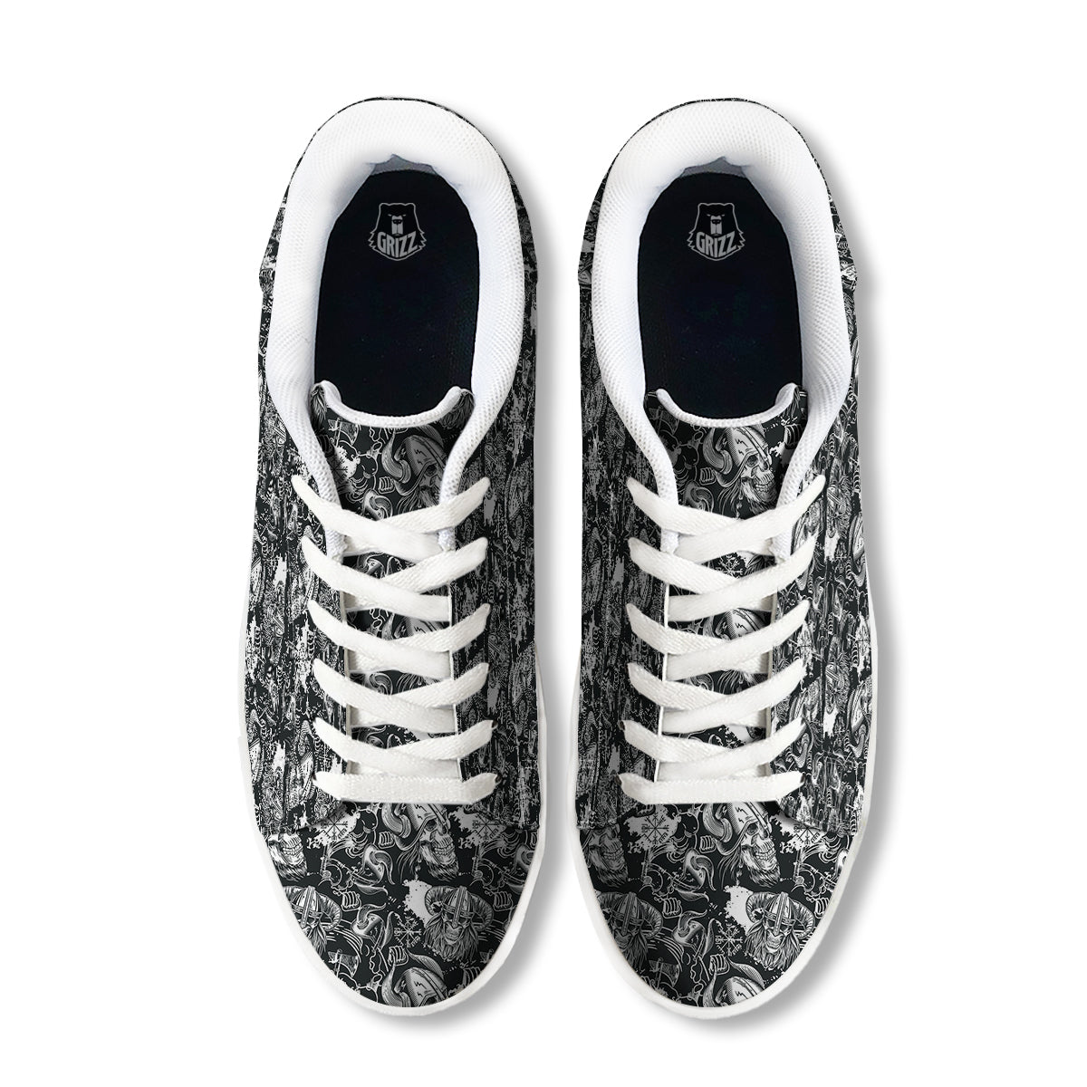 Skulls in Viking Helmets Print Pattern White Low Top Sneakers-grizzshop