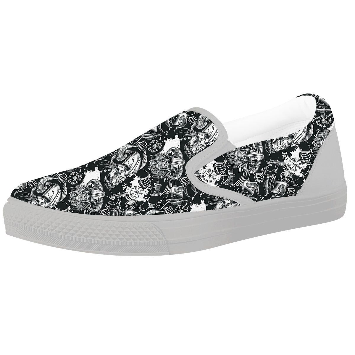 Skulls in Viking Helmets Print Pattern White Slip On Shoes-grizzshop