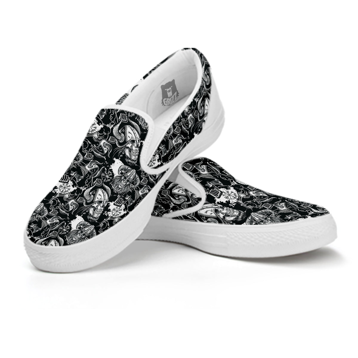 Skulls in Viking Helmets Print Pattern White Slip On Shoes-grizzshop