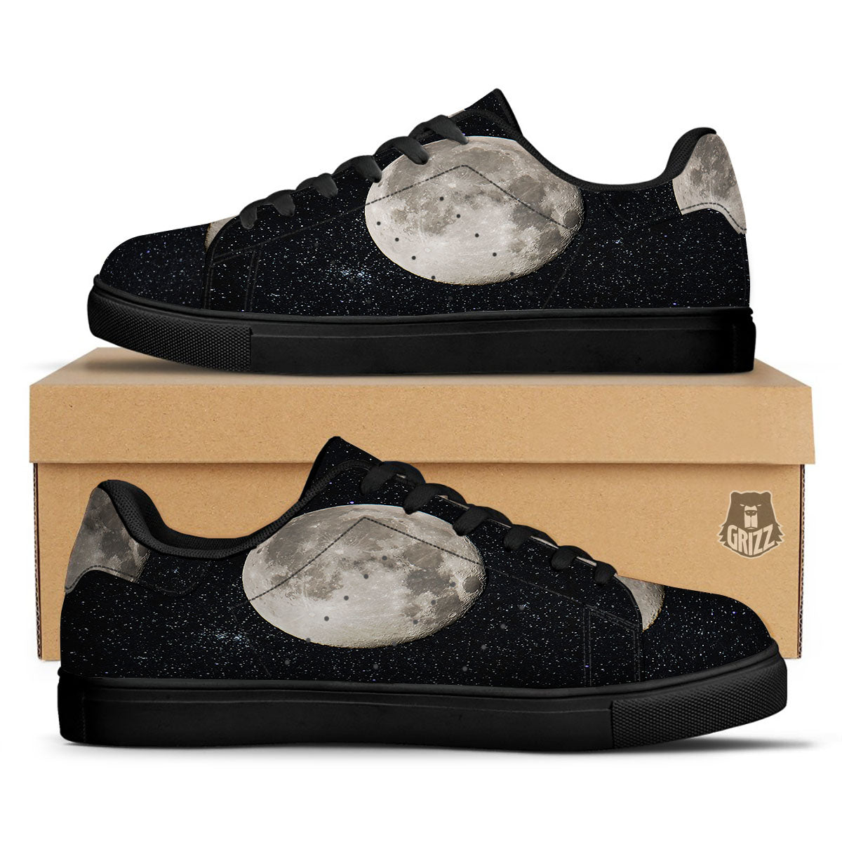Sky Night Full Moon Print Black Low Top Sneakers-grizzshop