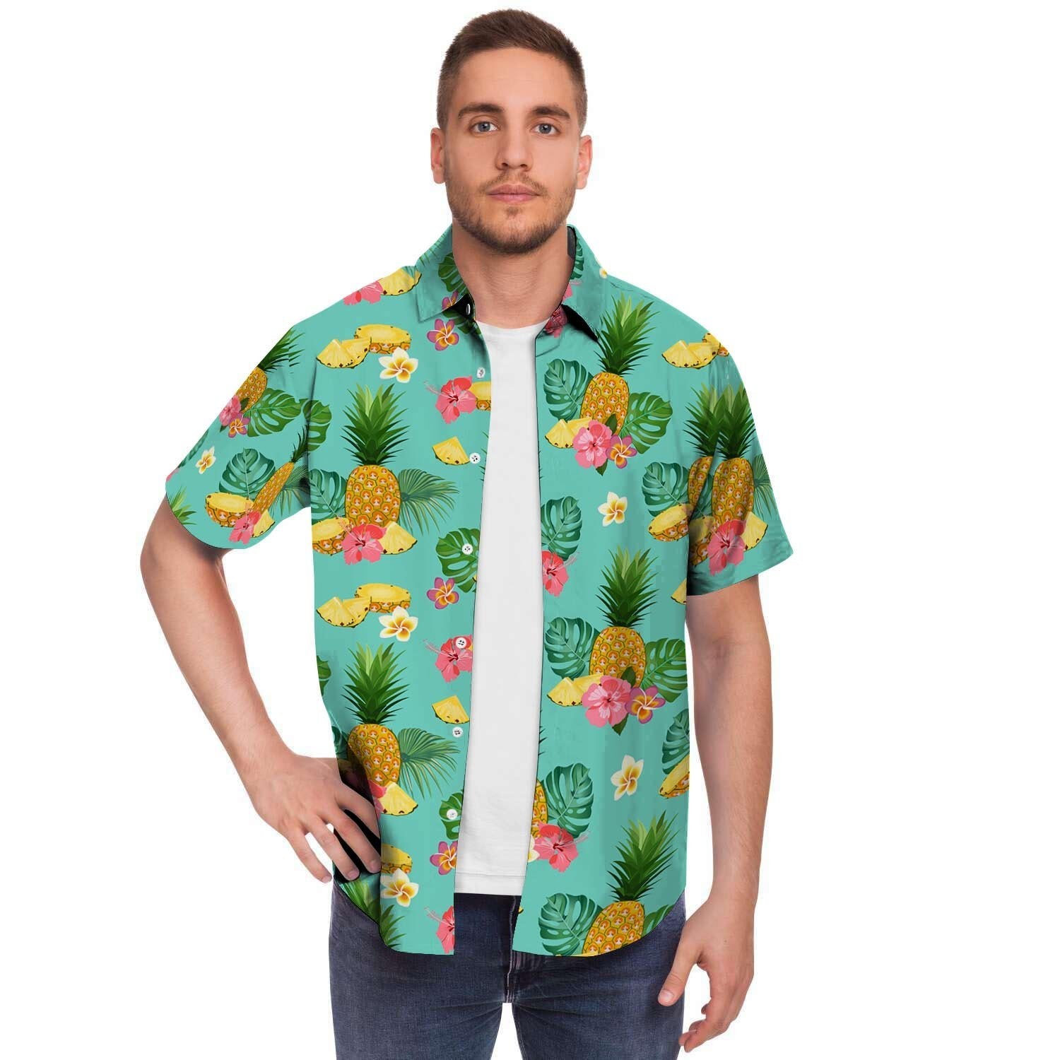 Slice Tropical Pineapple Print Men's Short Sleeve Shirt-grizzshop