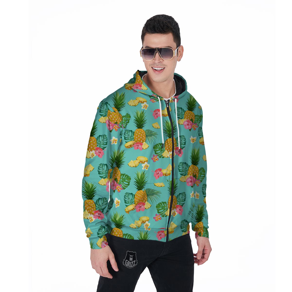 Slice Tropical Pineapple Print Men's Zip Up Hoodie-grizzshop