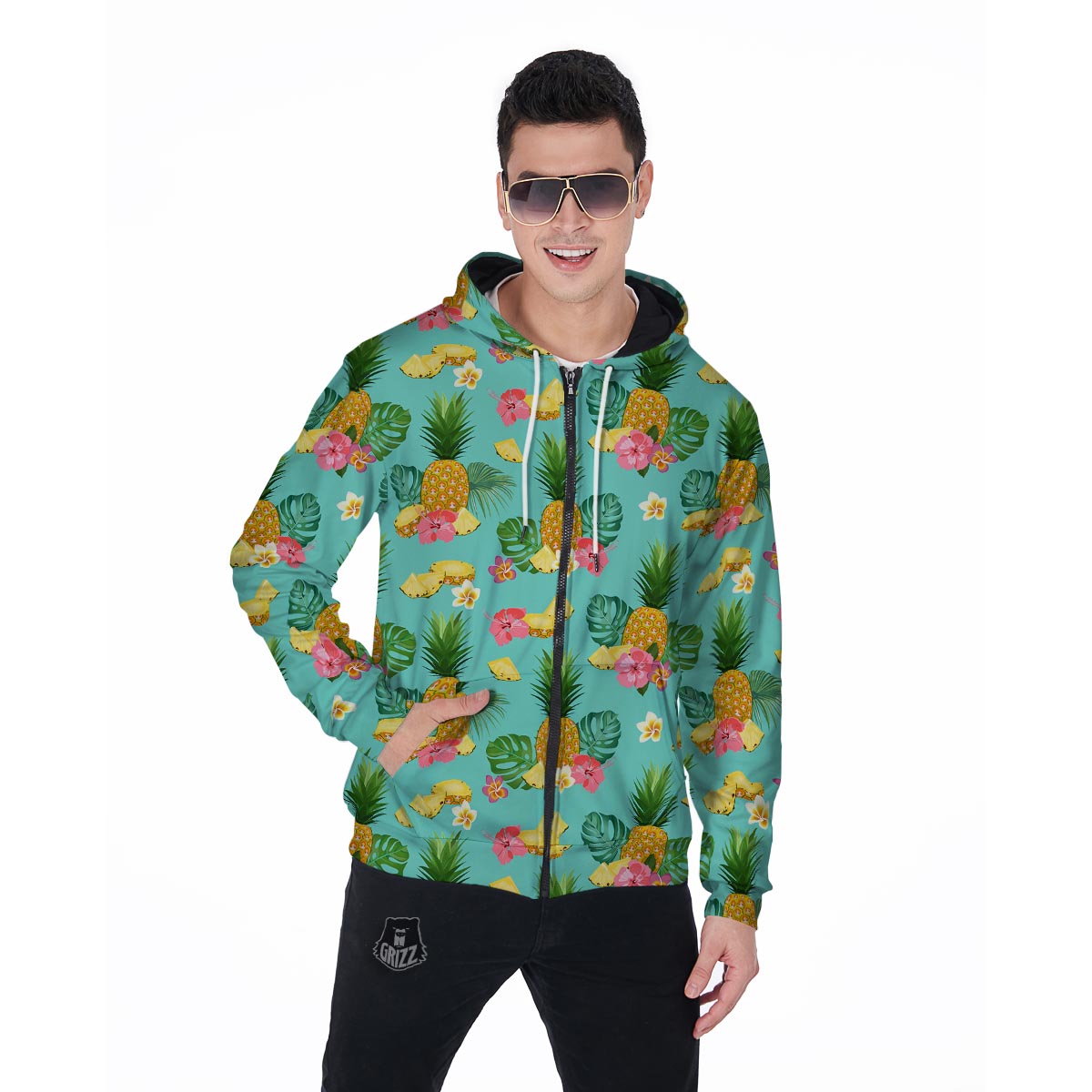 Slice Tropical Pineapple Print Men's Zip Up Hoodie-grizzshop