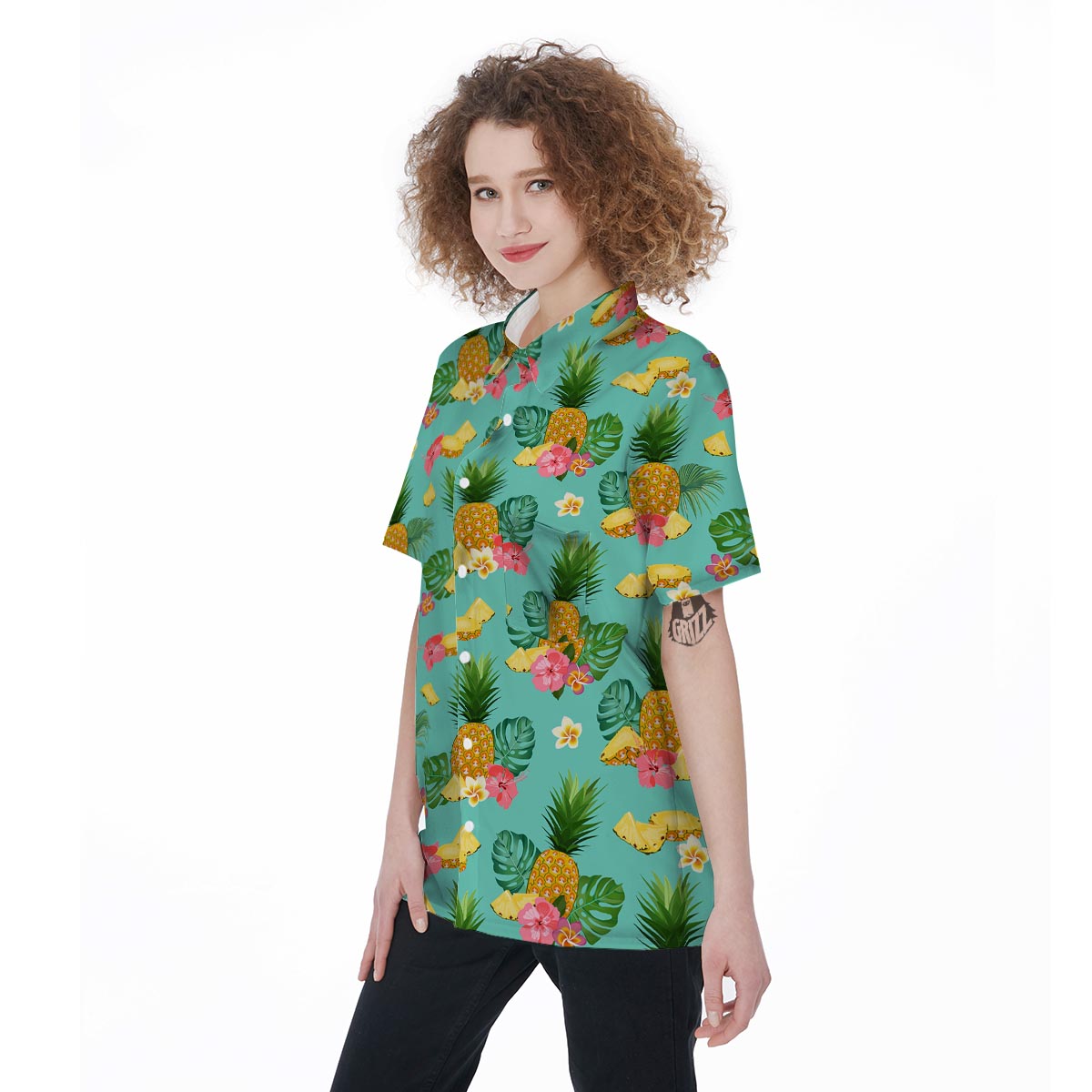 Slice Tropical Pineapple Print Women's Short Sleeve Shirts-grizzshop