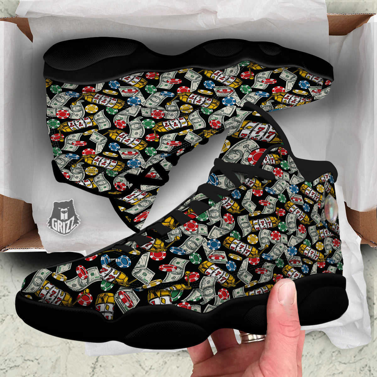 Slot Machines Casino Print Pattern Black Basketball Shoes-grizzshop