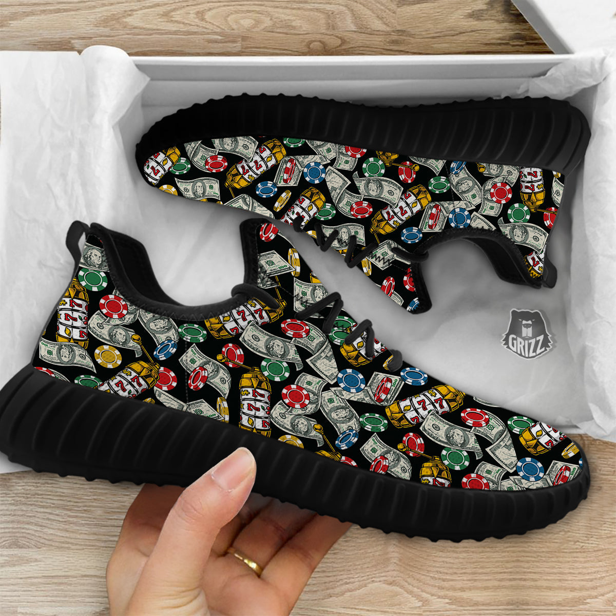 Slot Machines Casino Print Pattern Black Walking Shoes-grizzshop