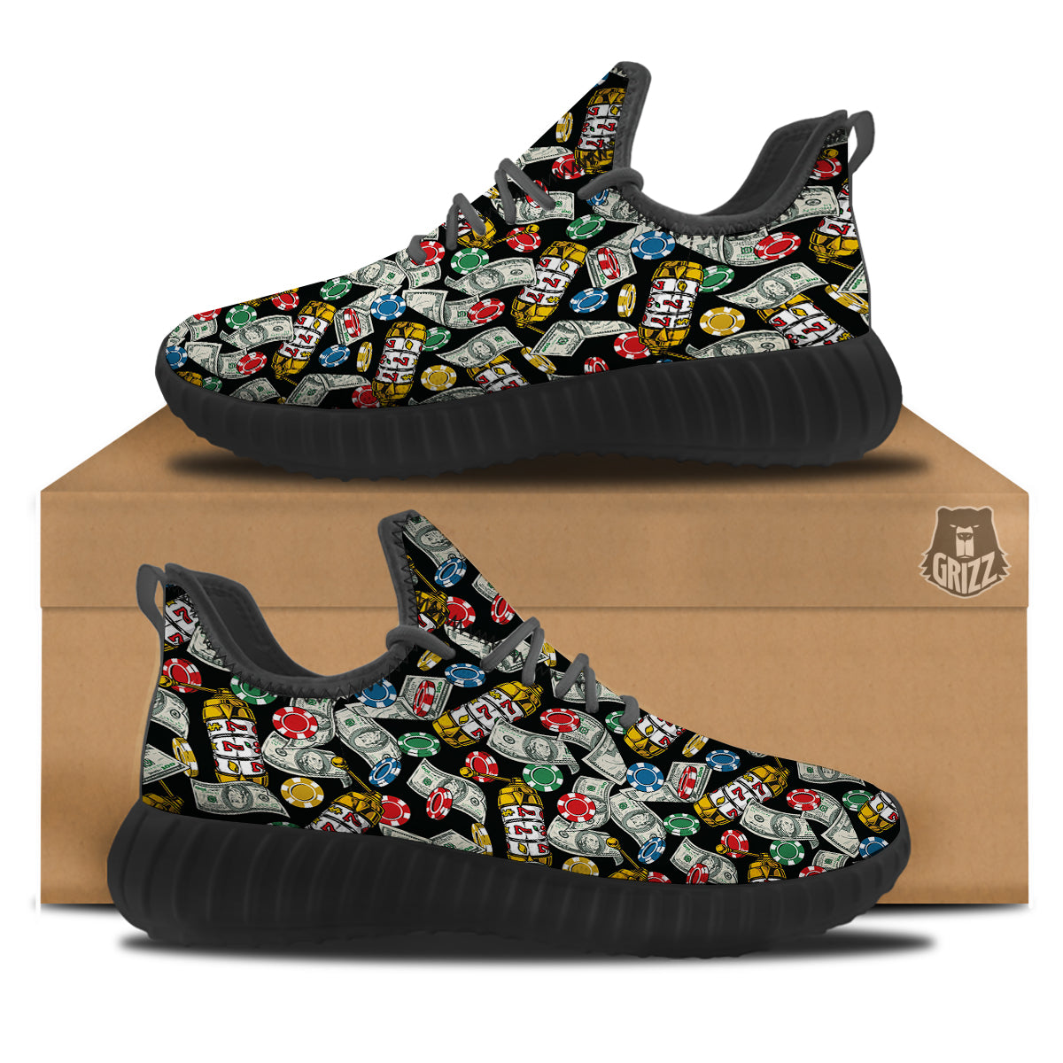 Slot Machines Casino Print Pattern Black Walking Shoes-grizzshop