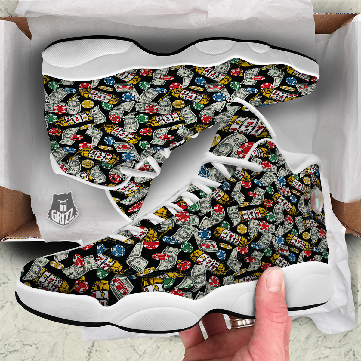 Slot Machines Casino Print Pattern White Basketball Shoes-grizzshop