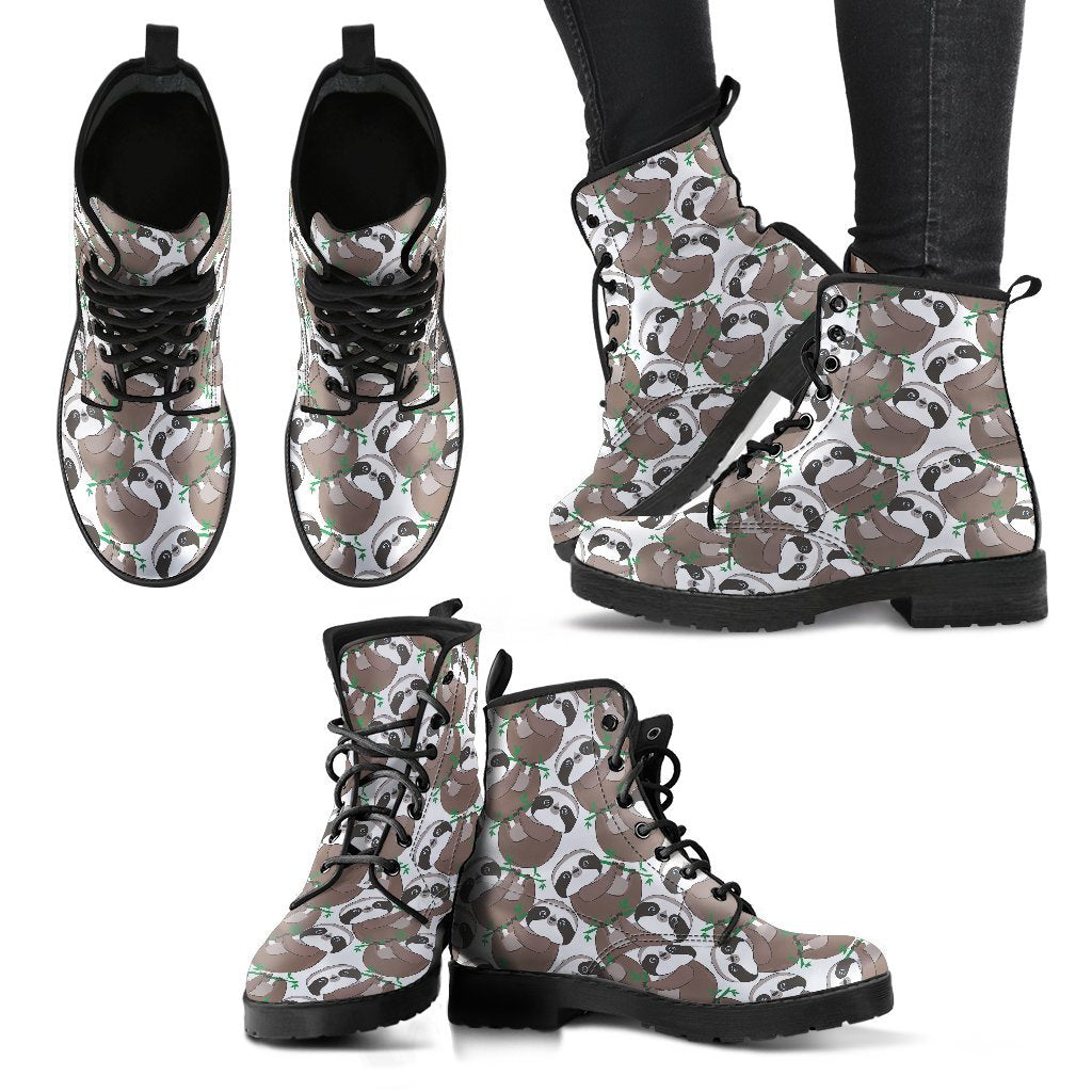 Sloth Bamboo Pattern Print Men Women Leather Boots-grizzshop