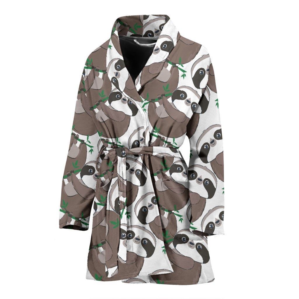 Sloth Bamboo Pattern Print Women Long Robe-grizzshop