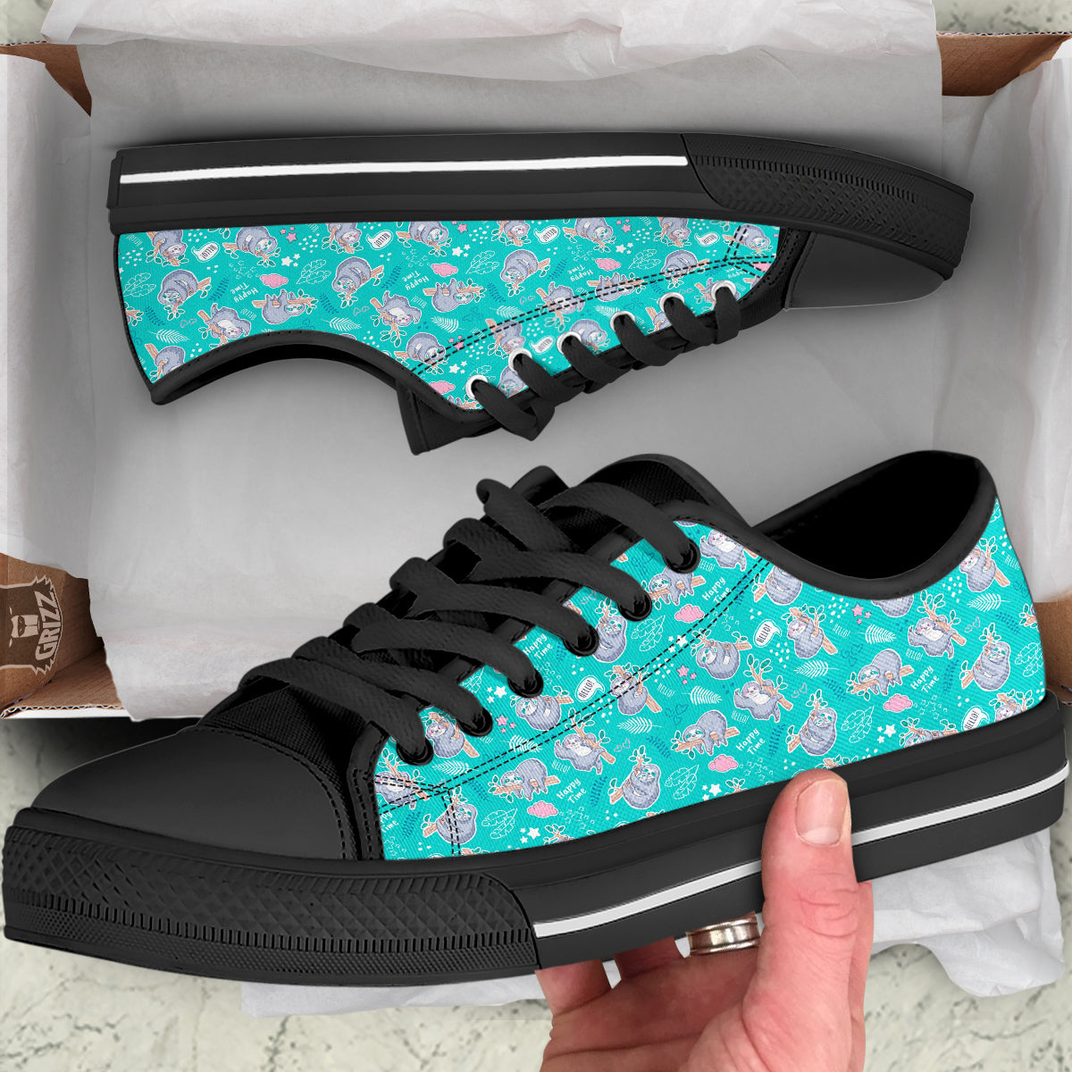 Sloth Cute Print Pattern Black Low Top Shoes-grizzshop