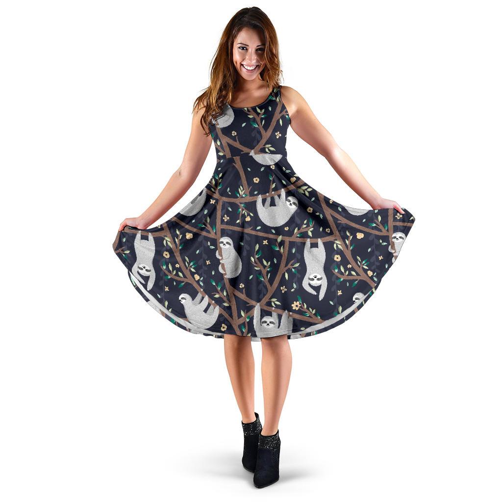 Sloth Floral Pattern Print Dress-grizzshop