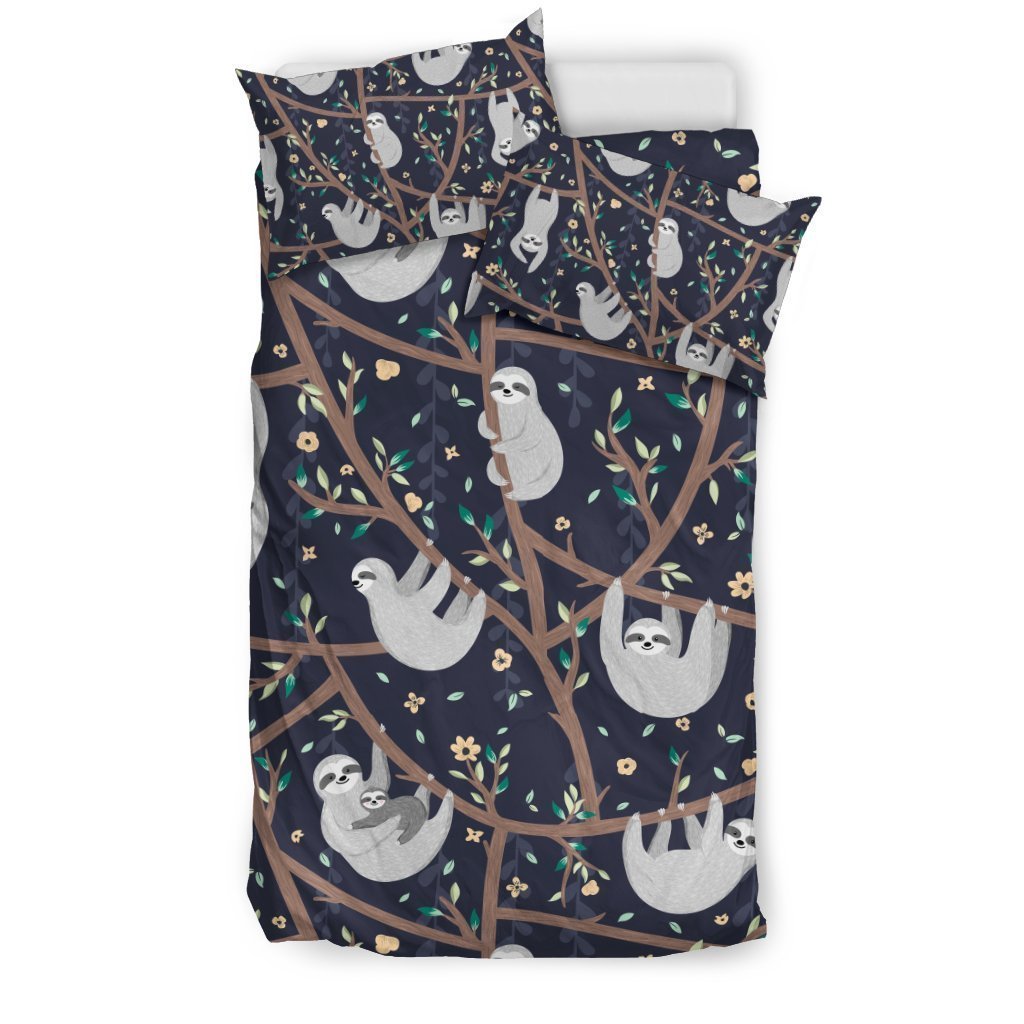 Sloth Floral Pattern Print Duvet Cover Bedding Set-grizzshop