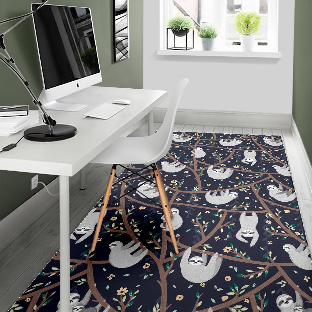 Sloth Floral Pattern Print Floor Mat-grizzshop