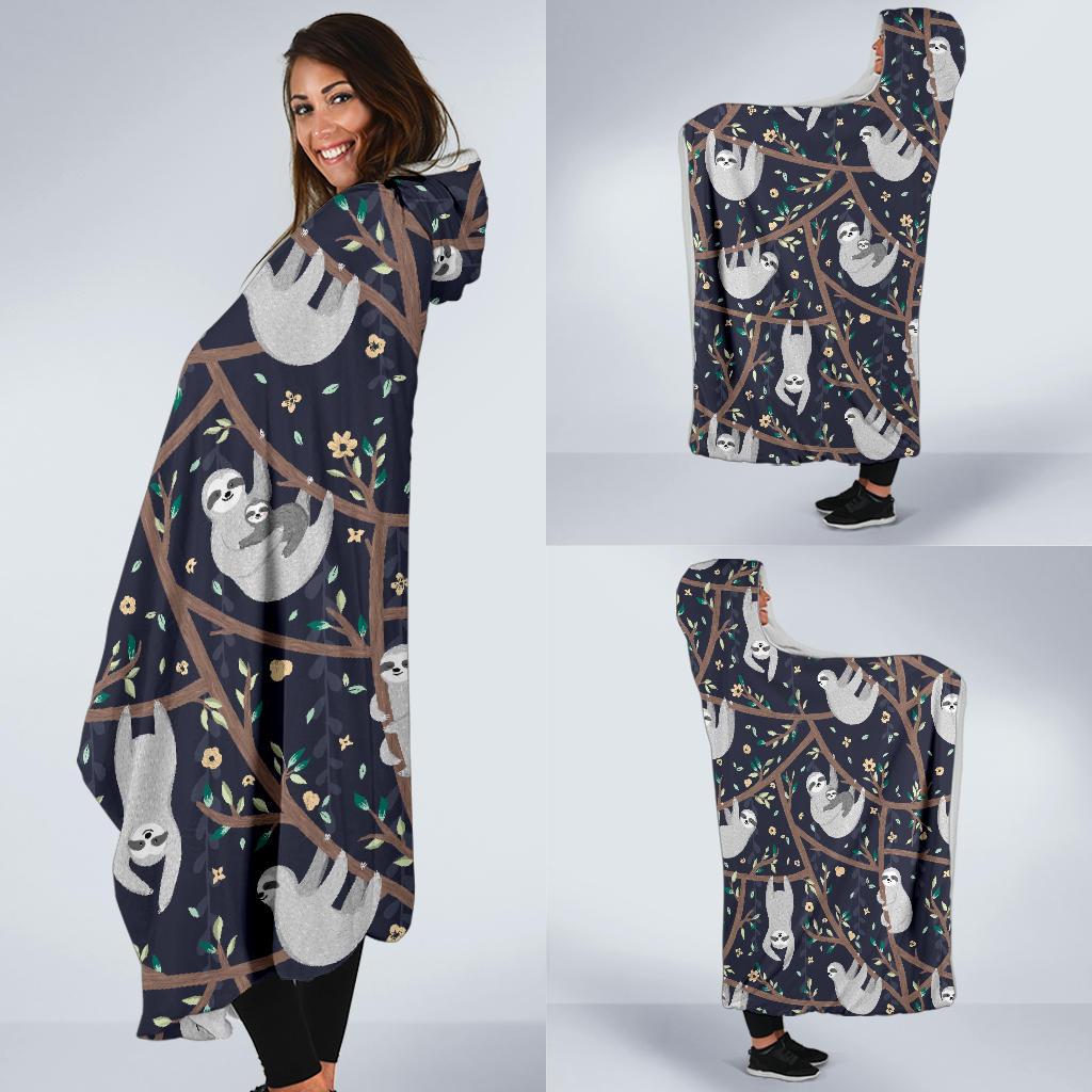 Sloth Floral Pattern Print Hooded Blanket-grizzshop