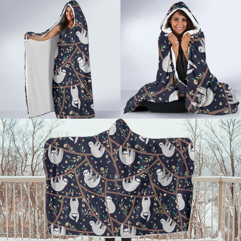 Sloth Floral Pattern Print Hooded Blanket-grizzshop