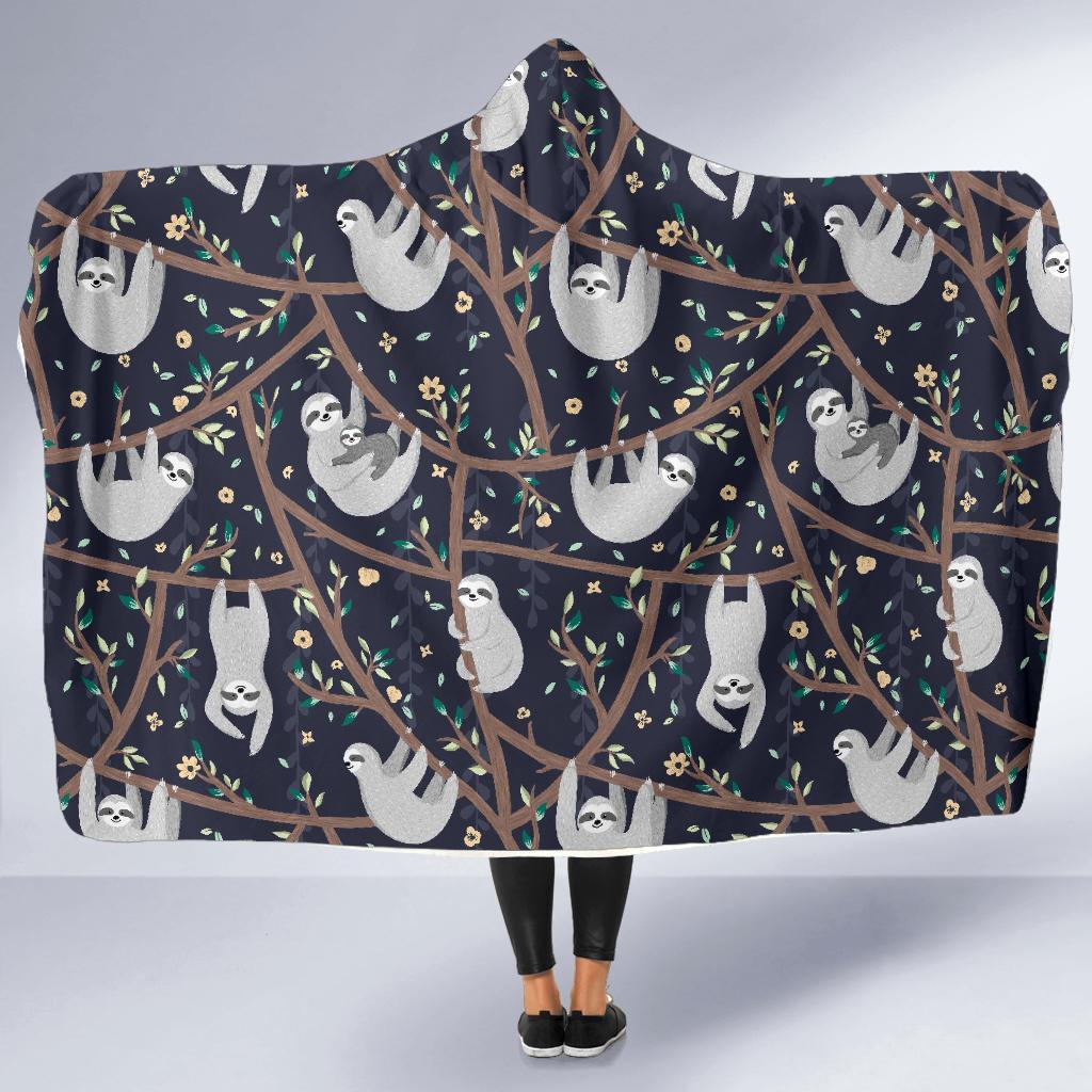 Sloth Floral Pattern Print Hooded Blanket-grizzshop